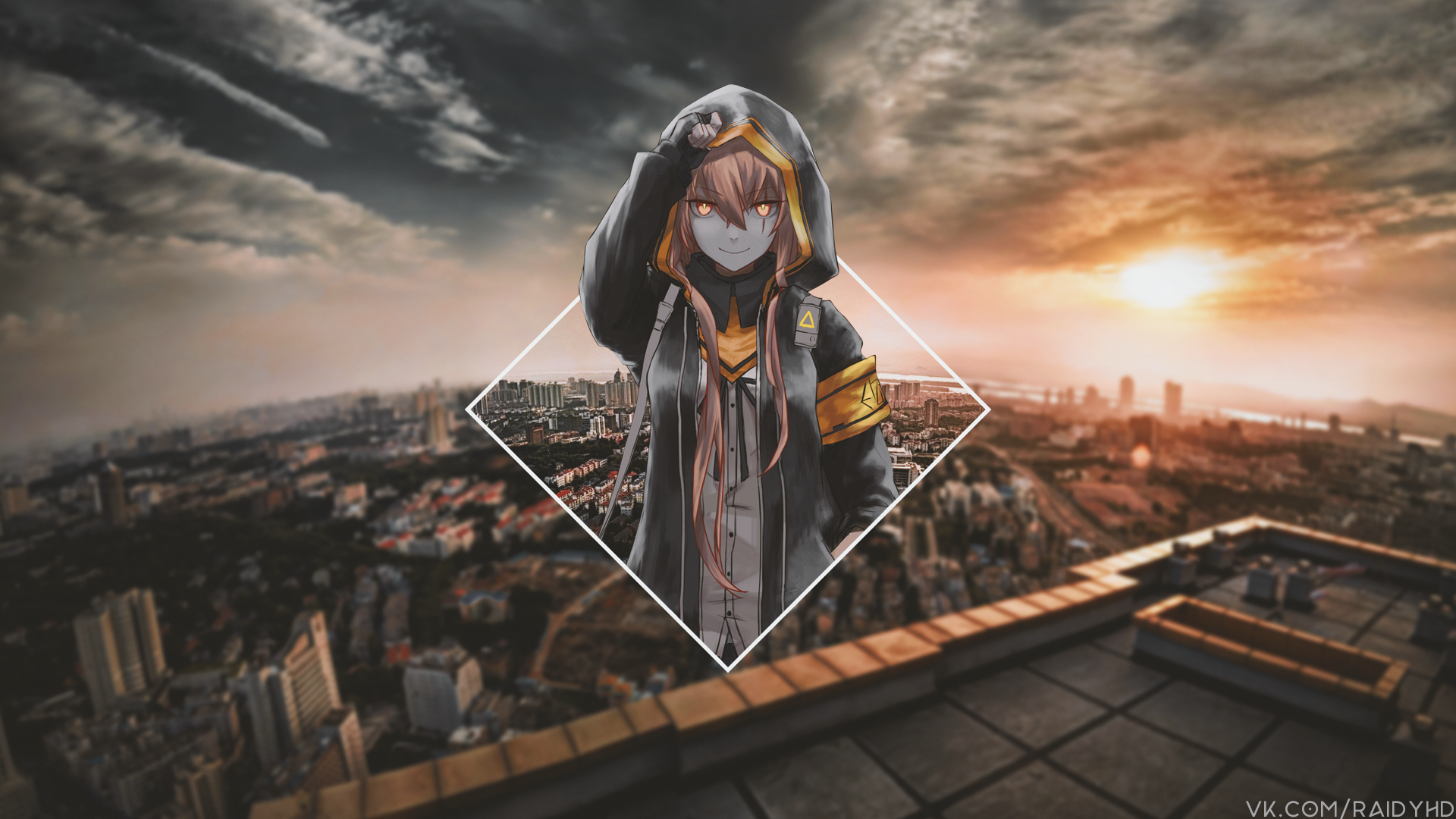 Anime girl in hoodie over city skyline at sunset HD Wallpaper