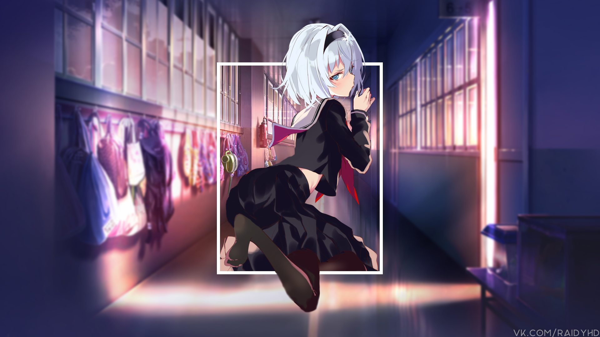 Anime girl in school uniform in hallway HD Wallpaper