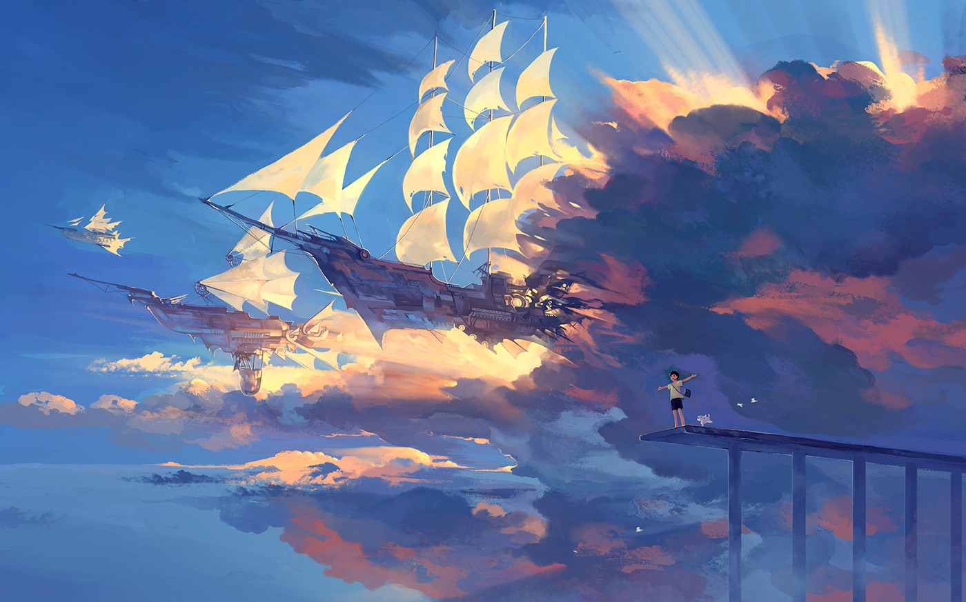 Flying ships in the sky with a person on a bridge HD Wallpaper