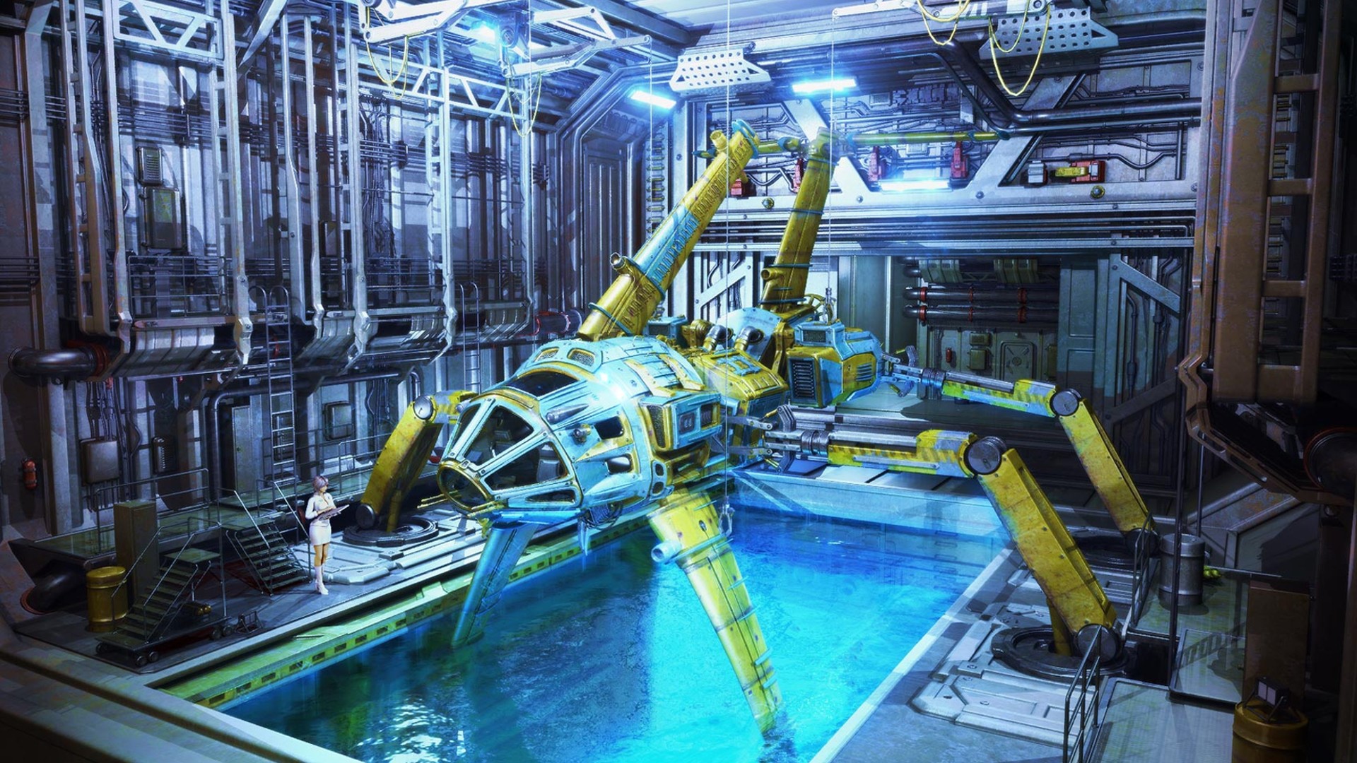 Futuristic cyan vehicle in a science fiction laboratory HD Wallpaper