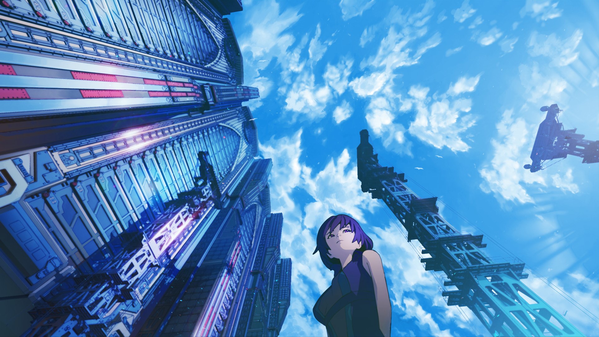 Anime girl looking up at futuristic city buildings and sky HD Wallpaper