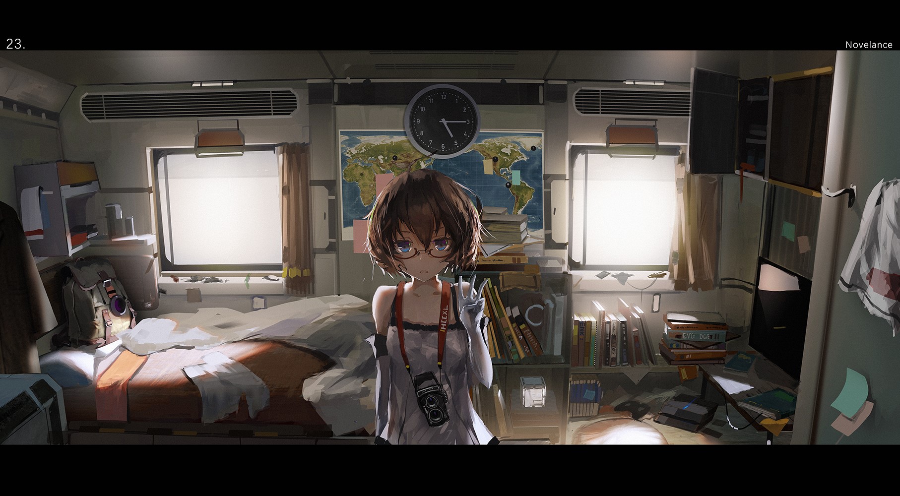 Anime girl with glasses and camera in a room HD Wallpaper