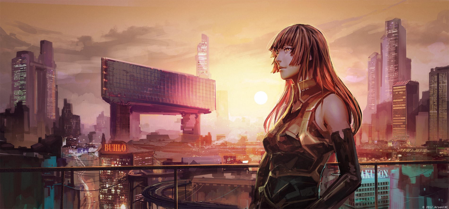 Anime girl overlooking a futuristic cityscape at sunset HD Wallpaper
