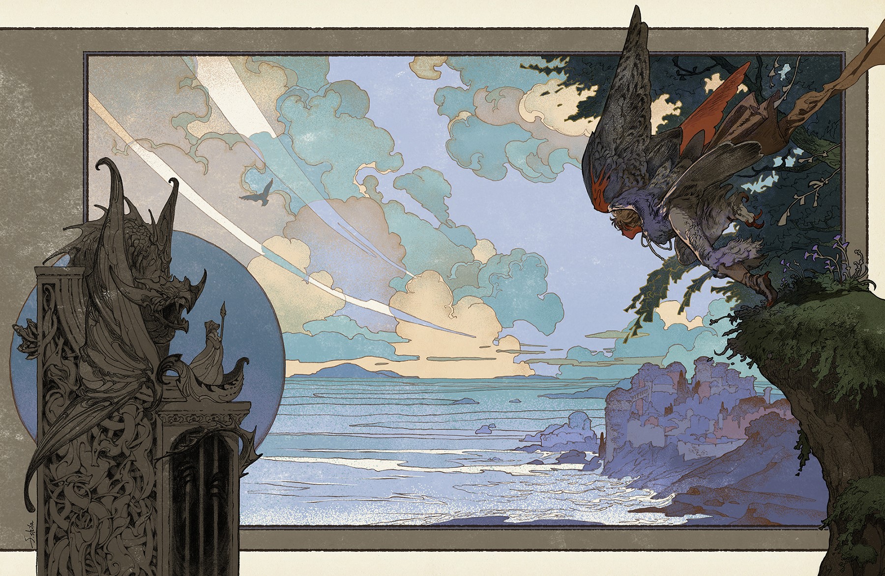 Dragon statue and winged figure overlooking a coastal landscape HD Wallpaper