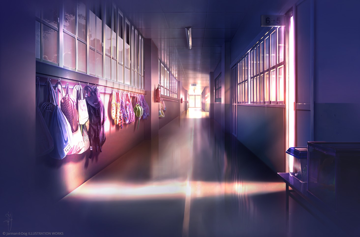 School hallway with bags hanging on the wall and sunlight HD Wallpaper