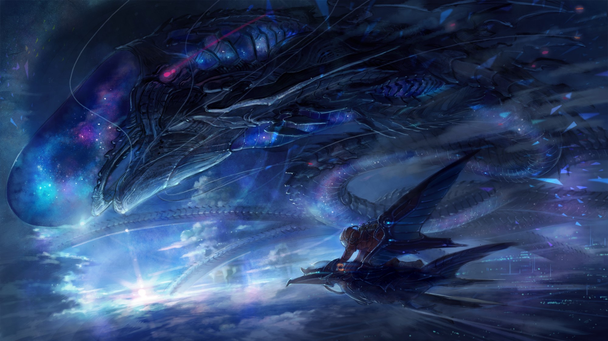 Futuristic spaceship with starry interior flying over clouds HD Wallpaper