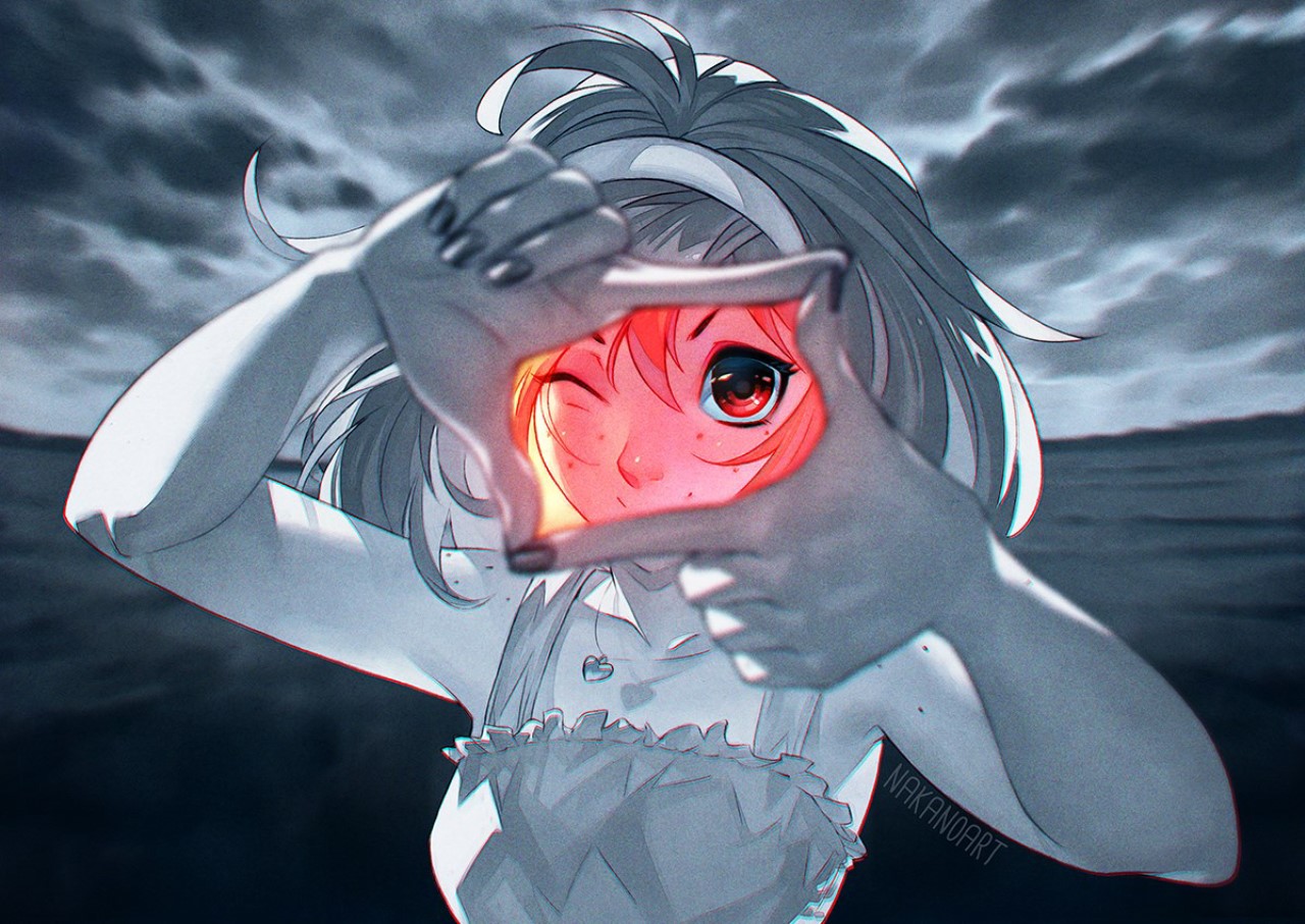 Anime girl framing face with hands, red glow HD Wallpaper