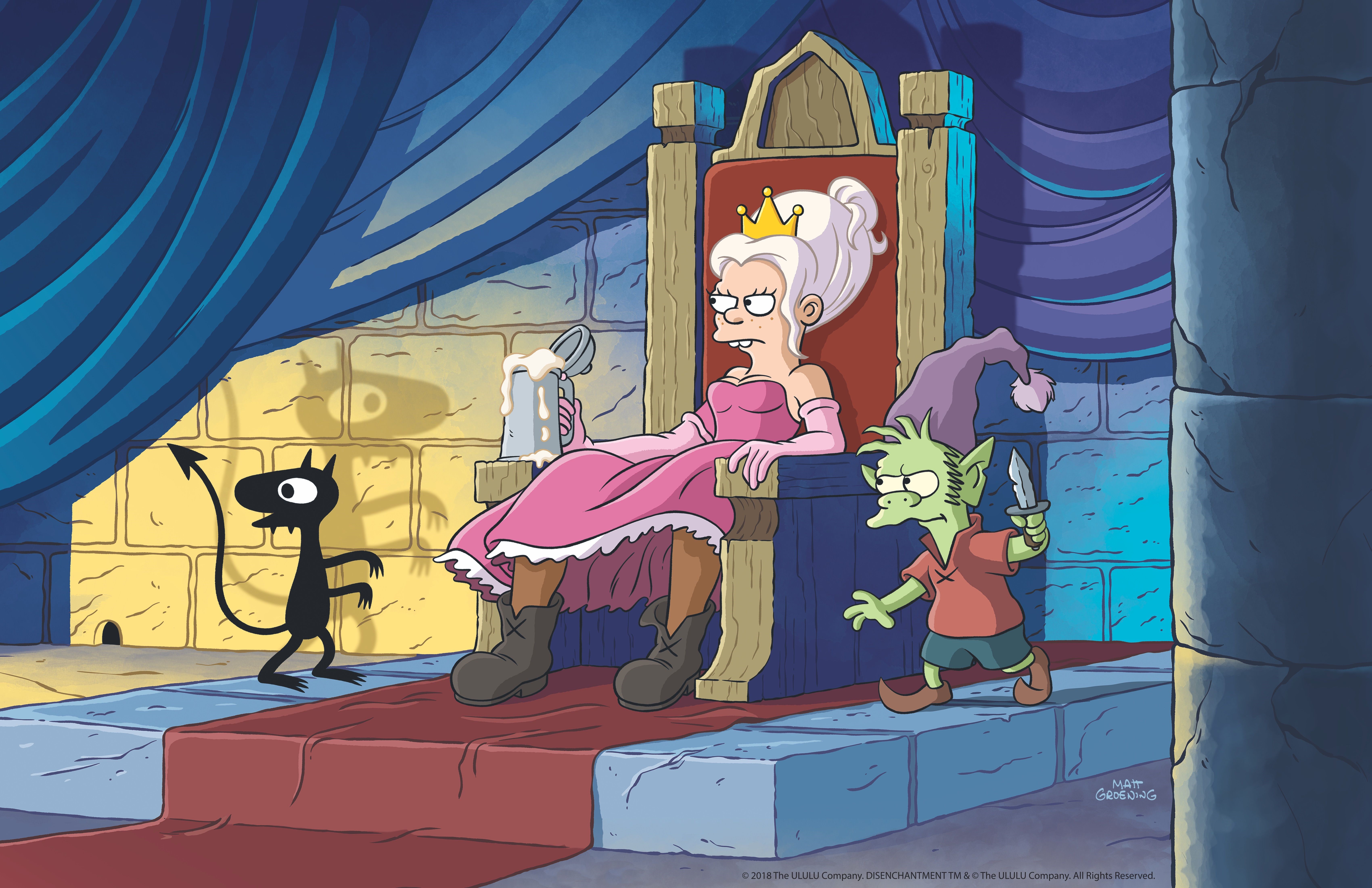 Disenchantment: Princess Tiabeanie, Elfo, and Luci on a throne HD Wallpaper