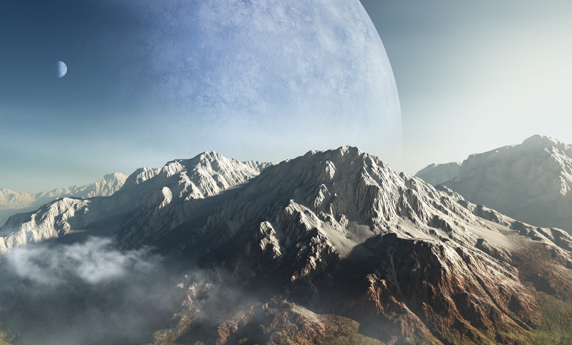 Alien planet landscape with mountains and moons HD Wallpaper