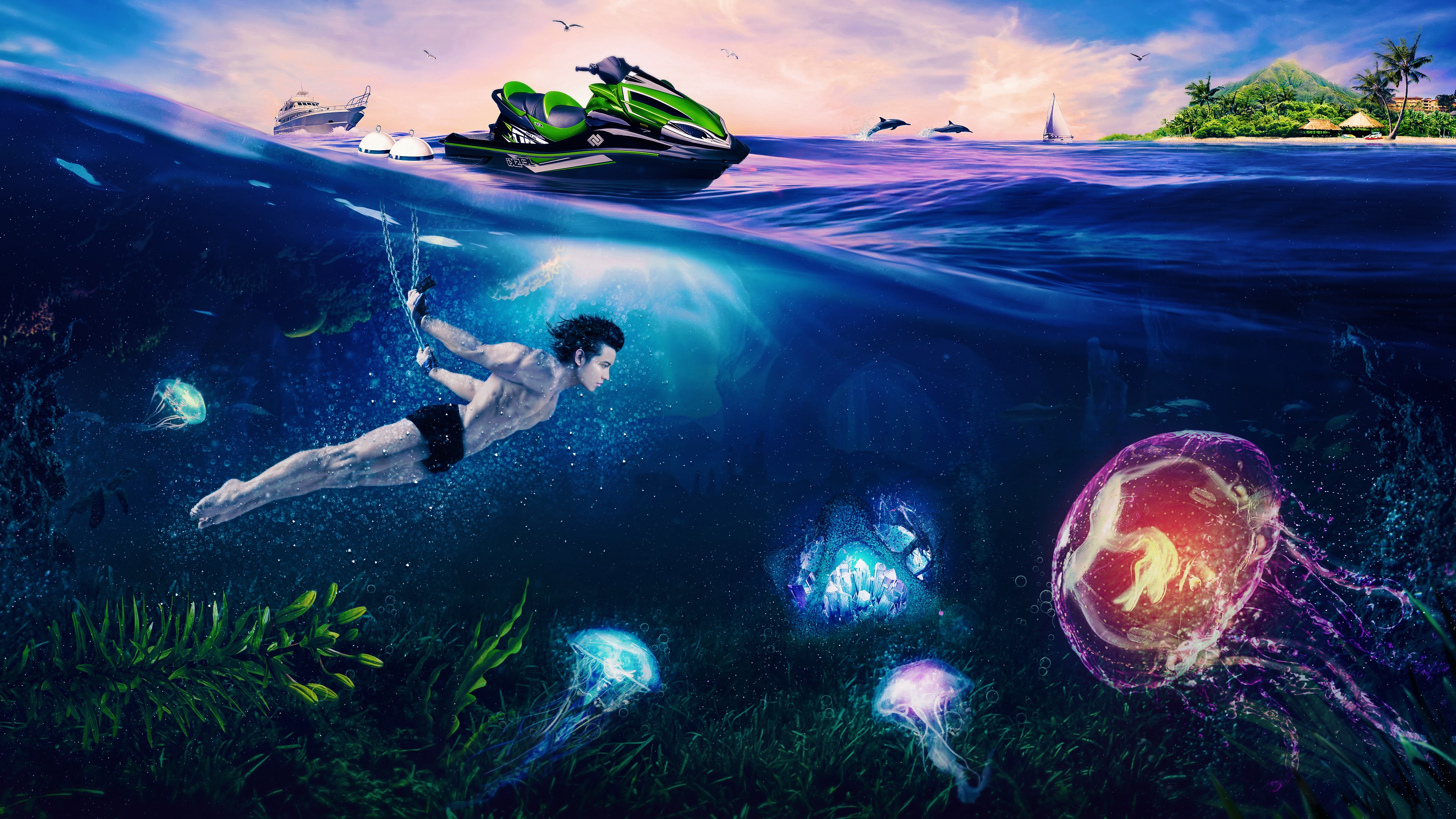 4K Underwater Scene with Swimmer and Jet Ski HD Wallpaper