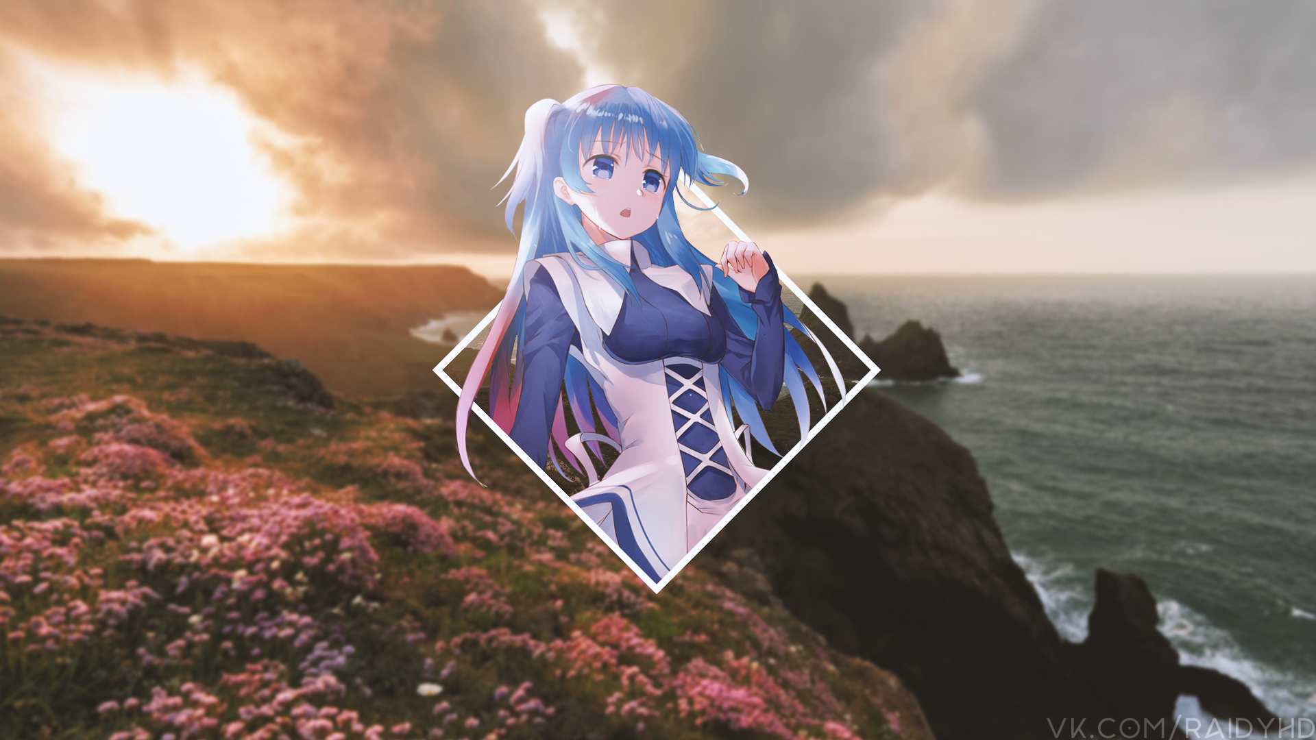 Anime girl with blue hair in a white and blue outfit HD Wallpaper