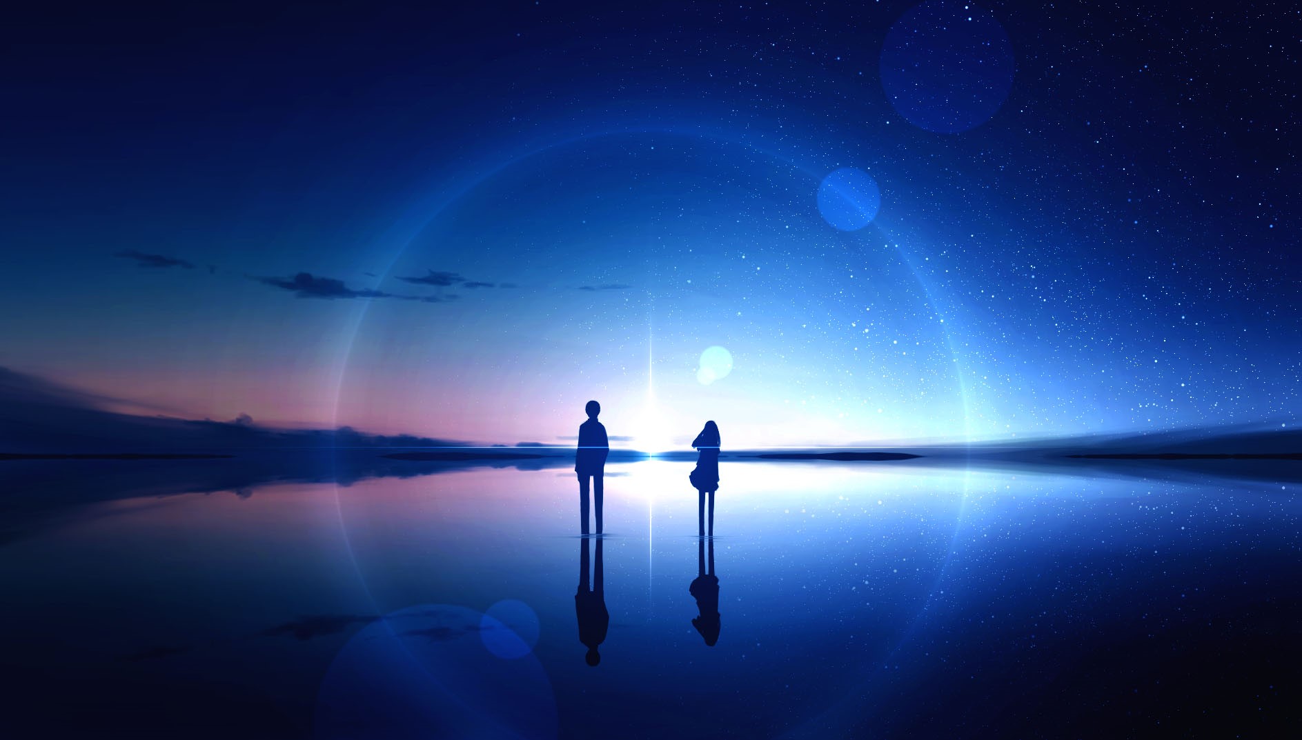 Two figures silhouetted against a starry sky and glowing horizon HD Wallpaper