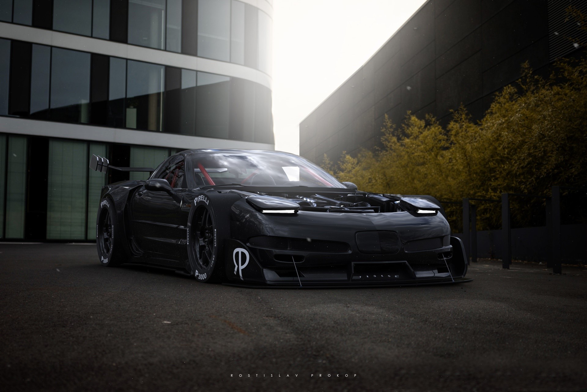 Black modified Chevrolet Corvette with pop-up headlights HD Wallpaper