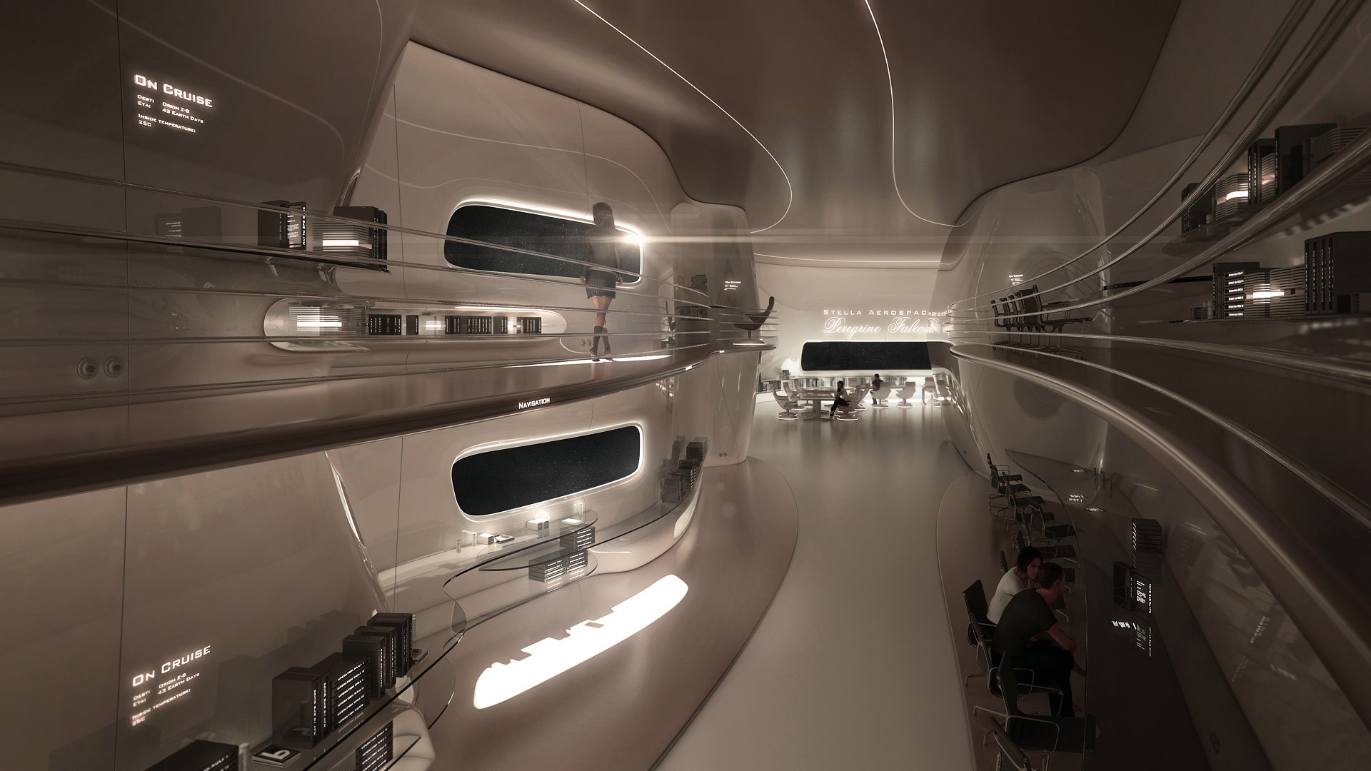 Futuristic spaceship interior with people HD Wallpaper