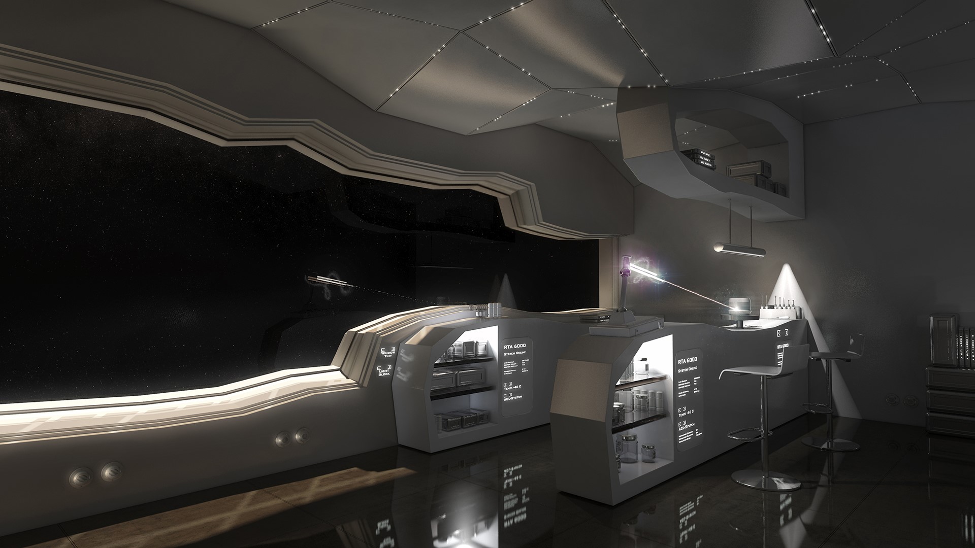Interior of a futuristic spaceship with a view of space HD Wallpaper