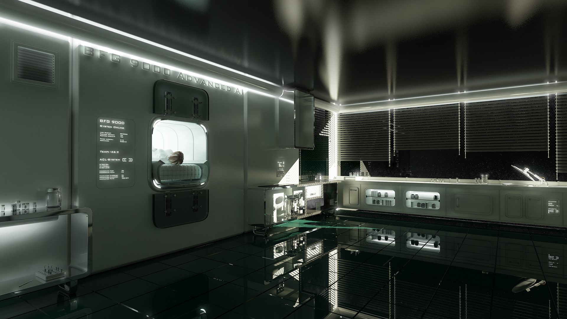 Science fiction spaceship laboratory with AI system HD Wallpaper