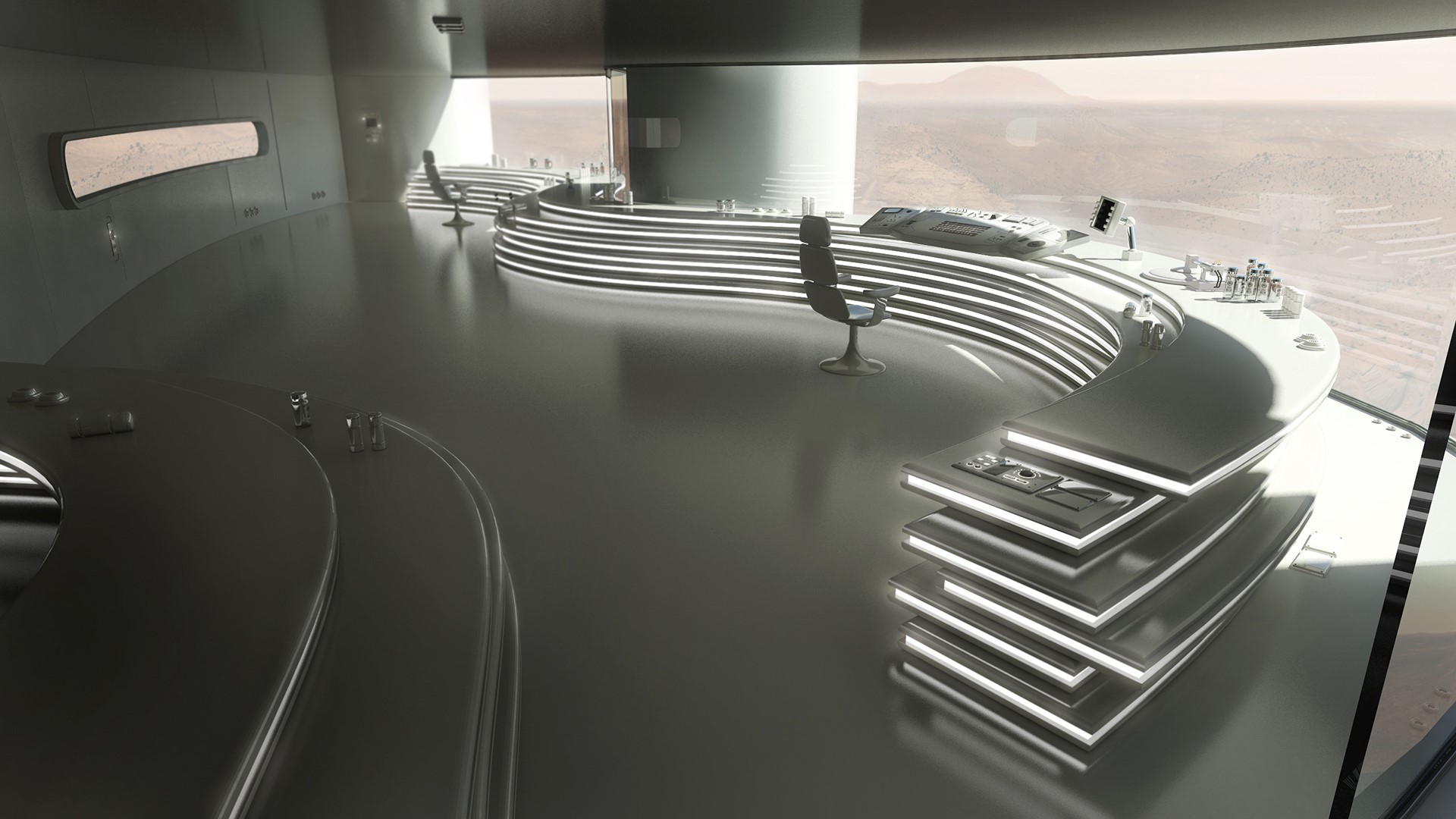 Interior of a futuristic space station with a view of Mars HD Wallpaper