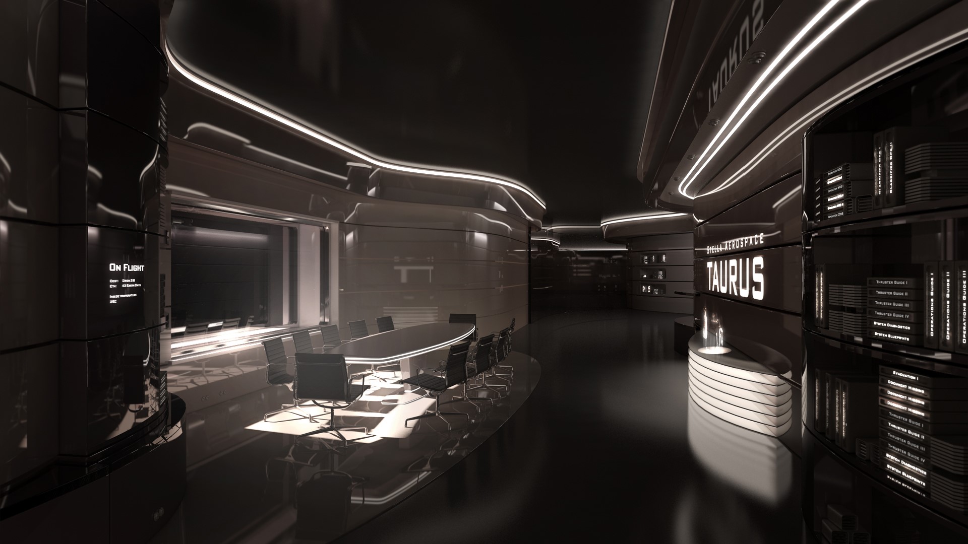 Futuristic spaceship interior with conference room and library HD Wallpaper