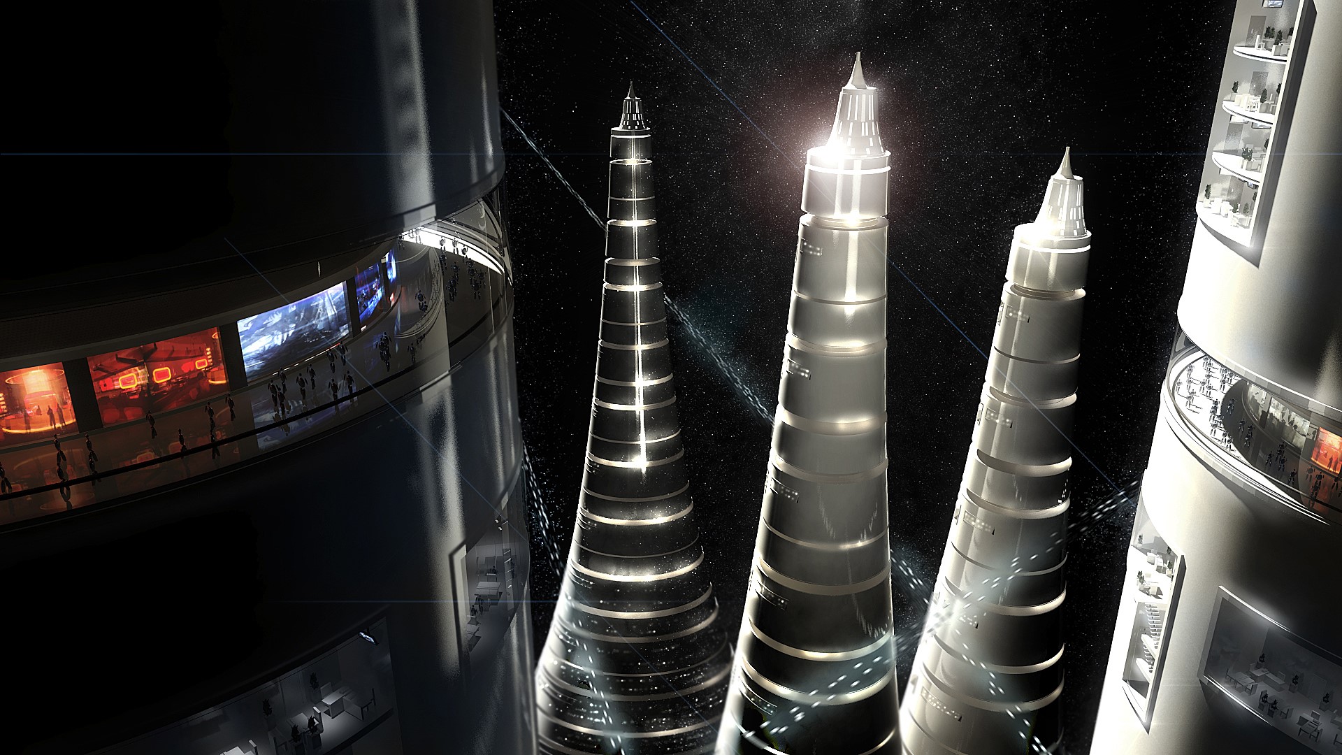 Futuristic space station with conical towers HD Wallpaper