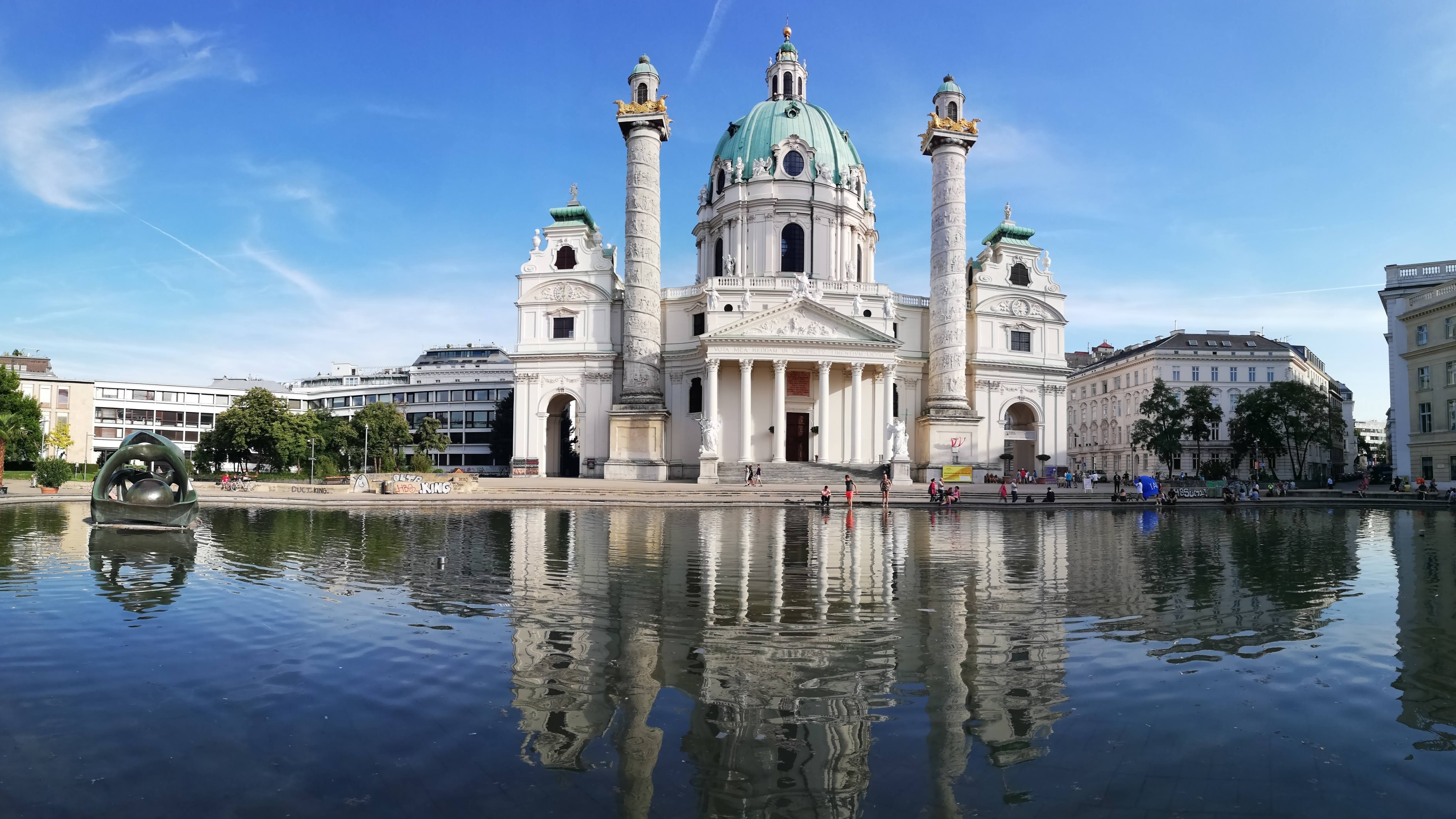 Karlskirche church reflection in water, Vienna, Austria HD Wallpaper