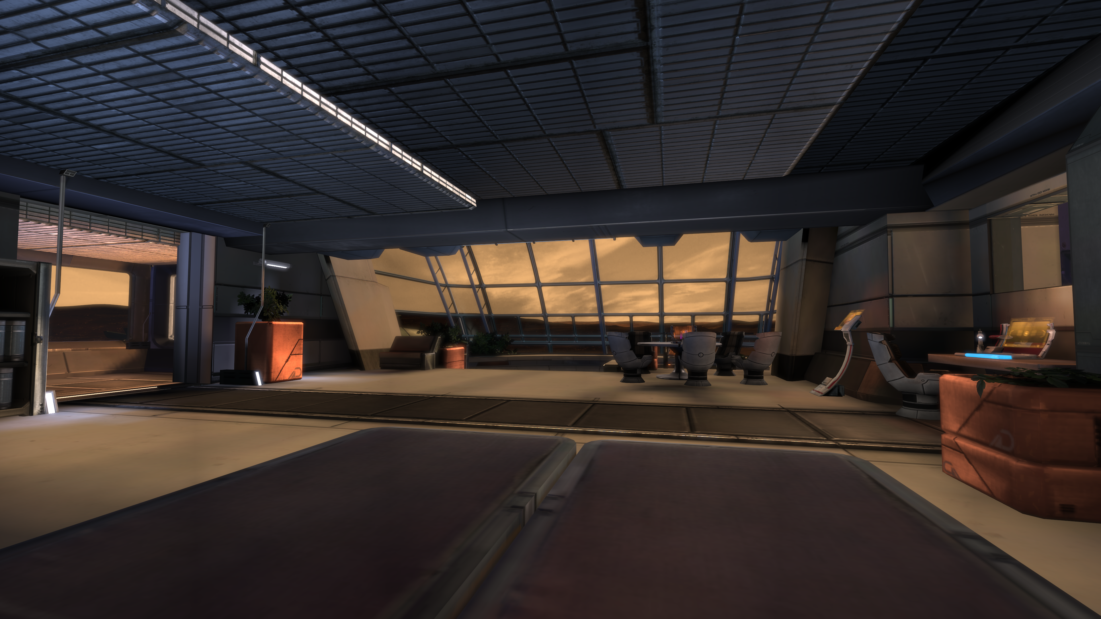 Interior of a spaceship lounge with a view of a sunset HD Wallpaper