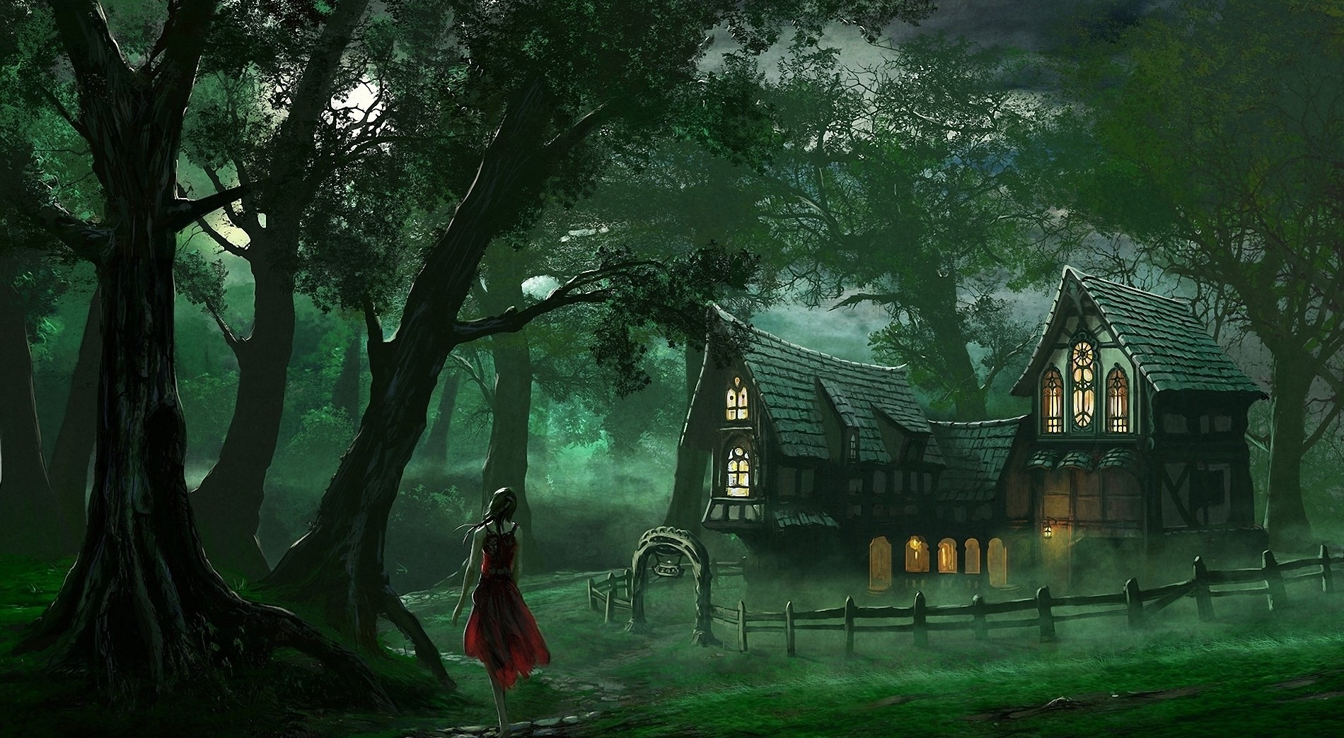 Fantasy girl in red dress walks towards a haunted house in a dark forest HD Wallpaper