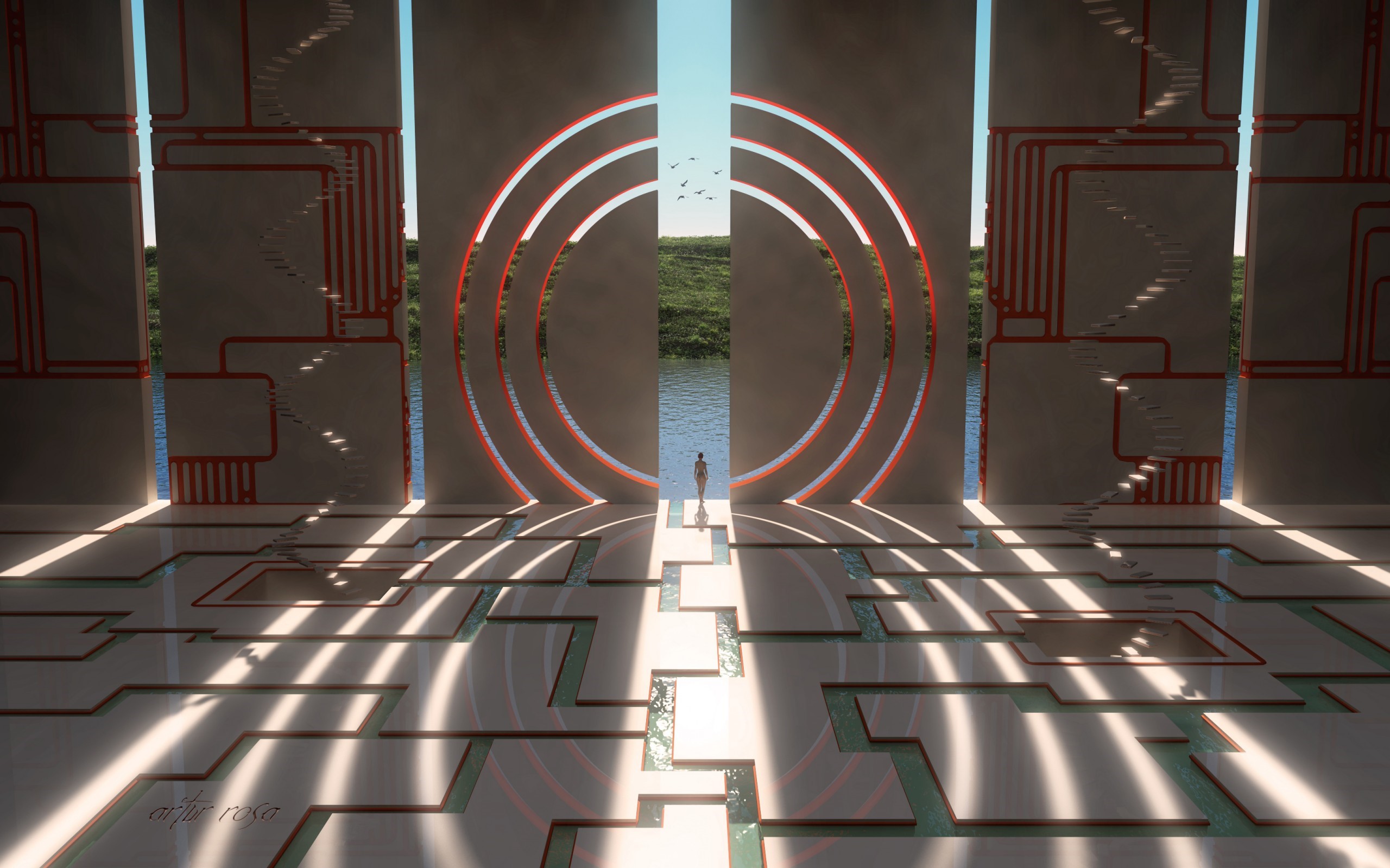 Futuristic portal with a lone figure and a body of water HD Wallpaper