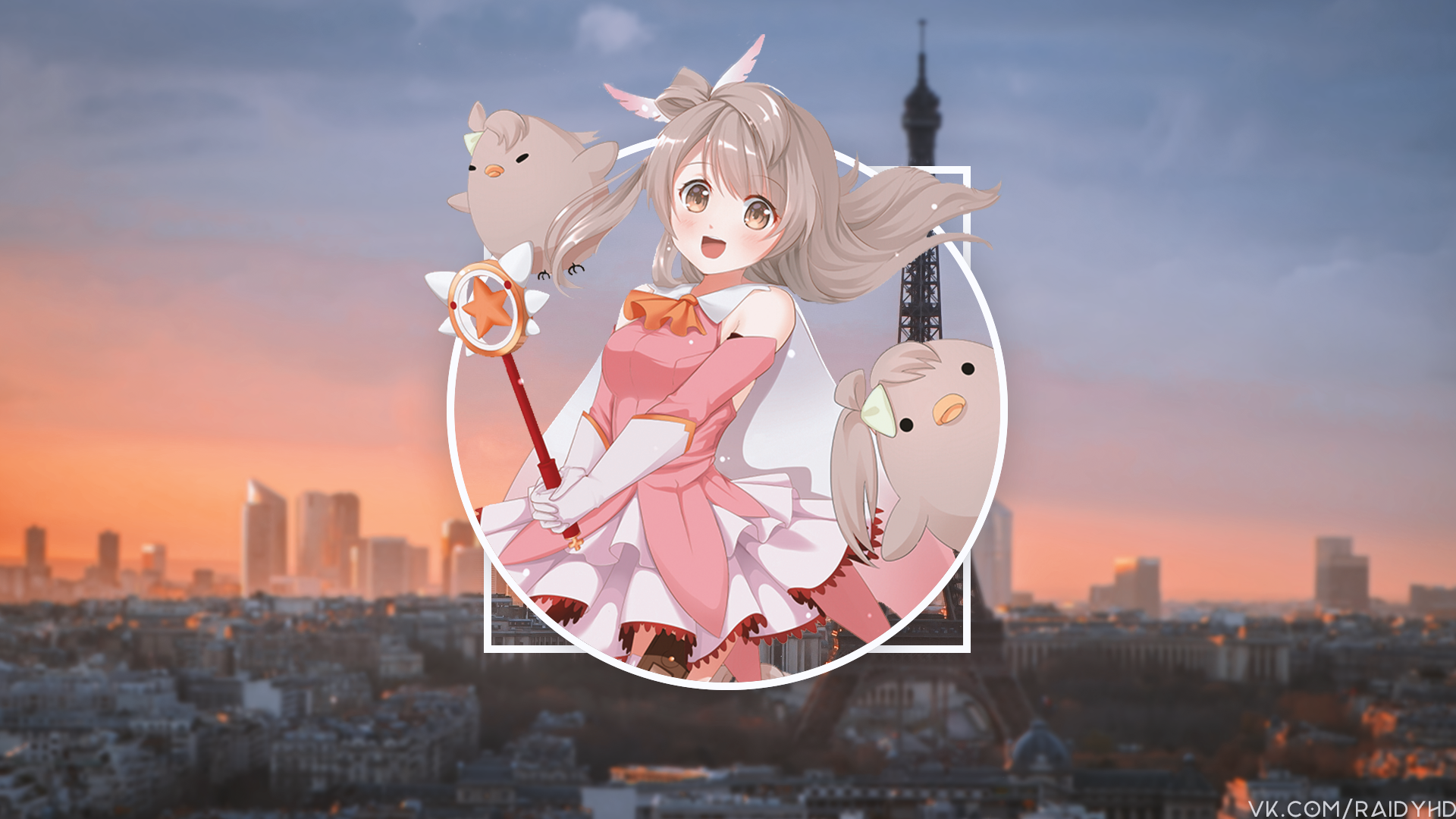 Anime girl with birds and Eiffel Tower HD Wallpaper