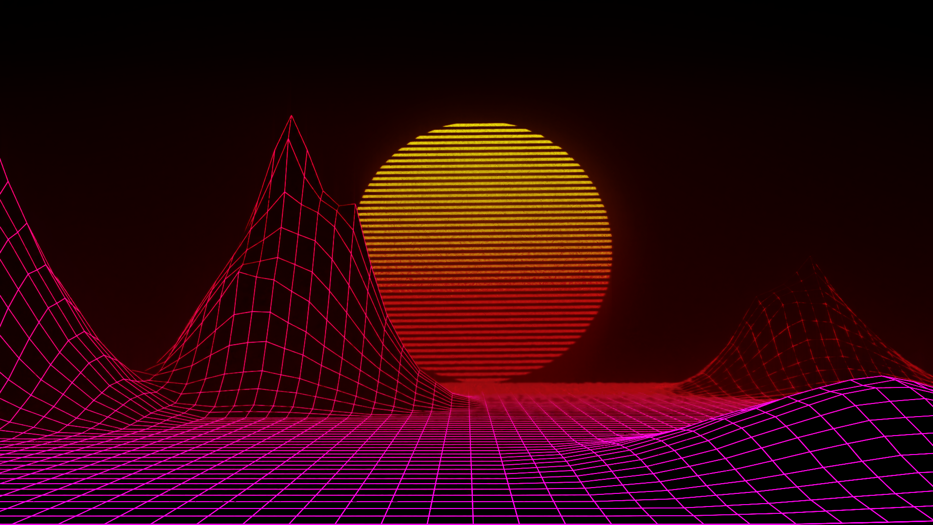 Retrowave landscape with grid hills and sunset HD Wallpaper