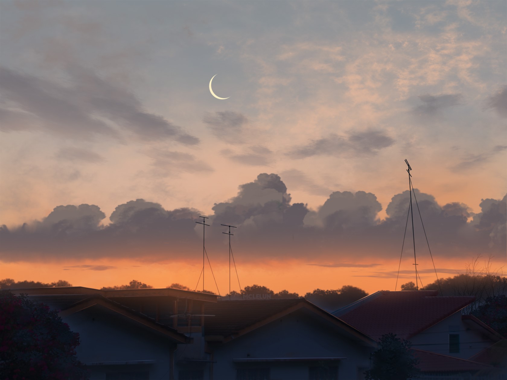 Anime crescent moon over urban rooftops at sunset HD Wallpaper