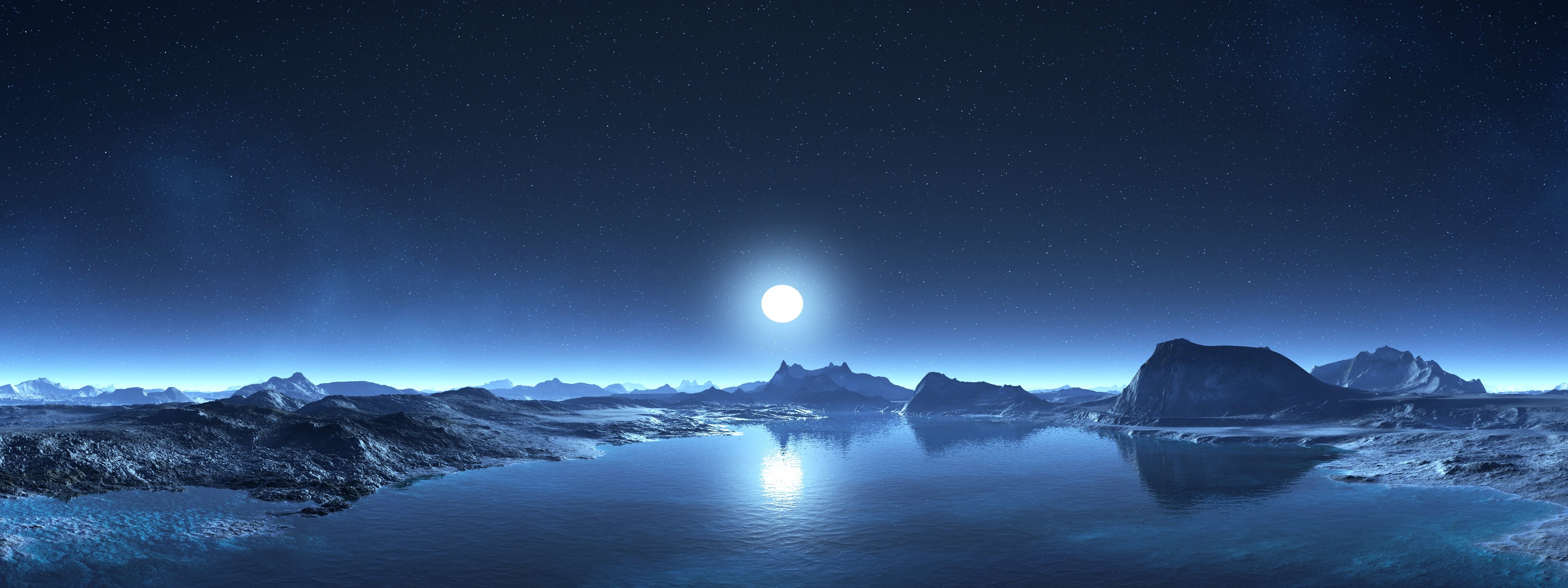 Alien planet landscape with moon and stars HD Wallpaper