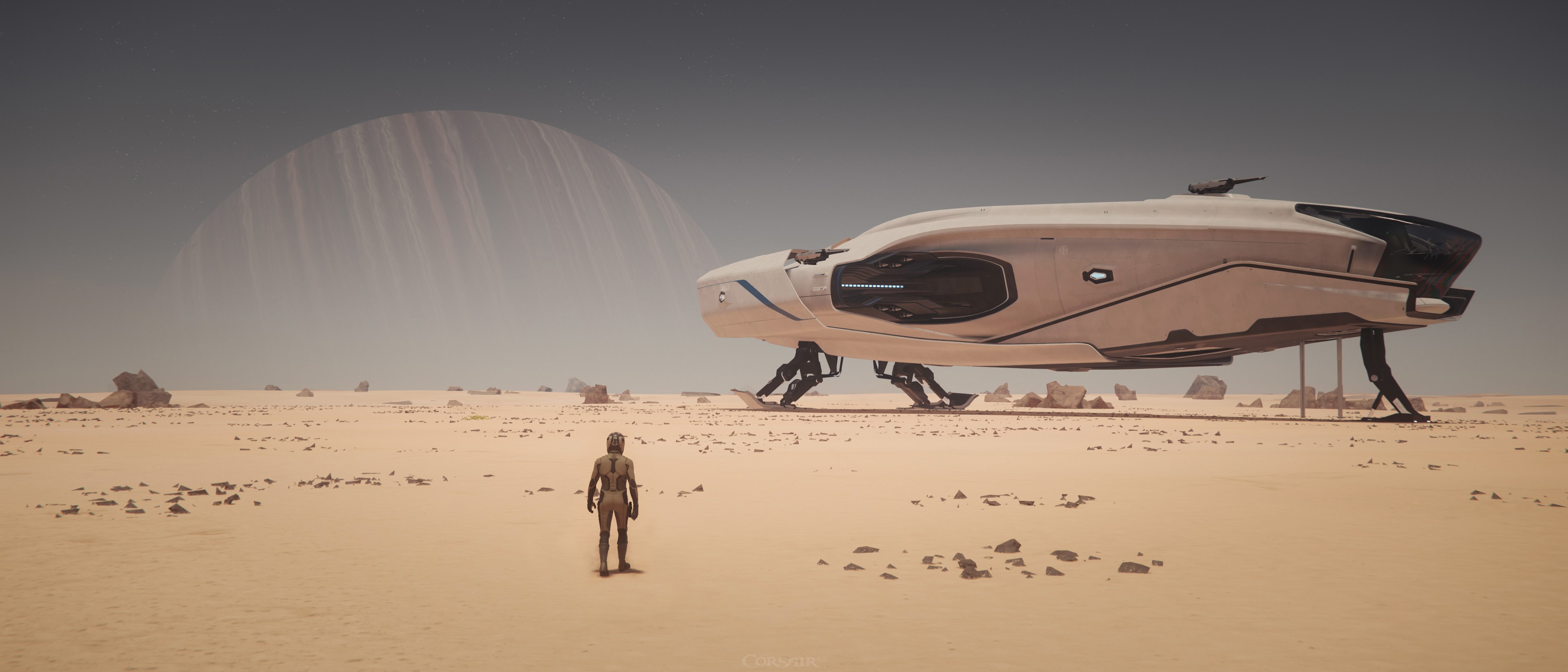 Astronaut and spaceship on a desert planet with a ringed planet in the sky HD Wallpaper