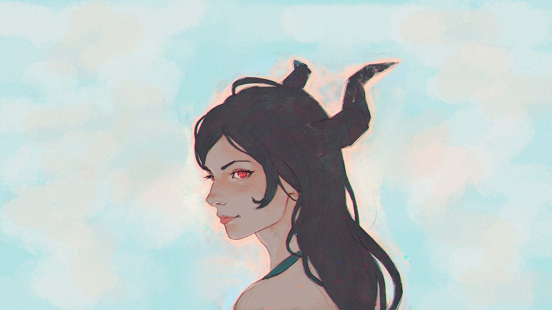 Fantasy art of a woman with horns and red eyes HD Wallpaper
