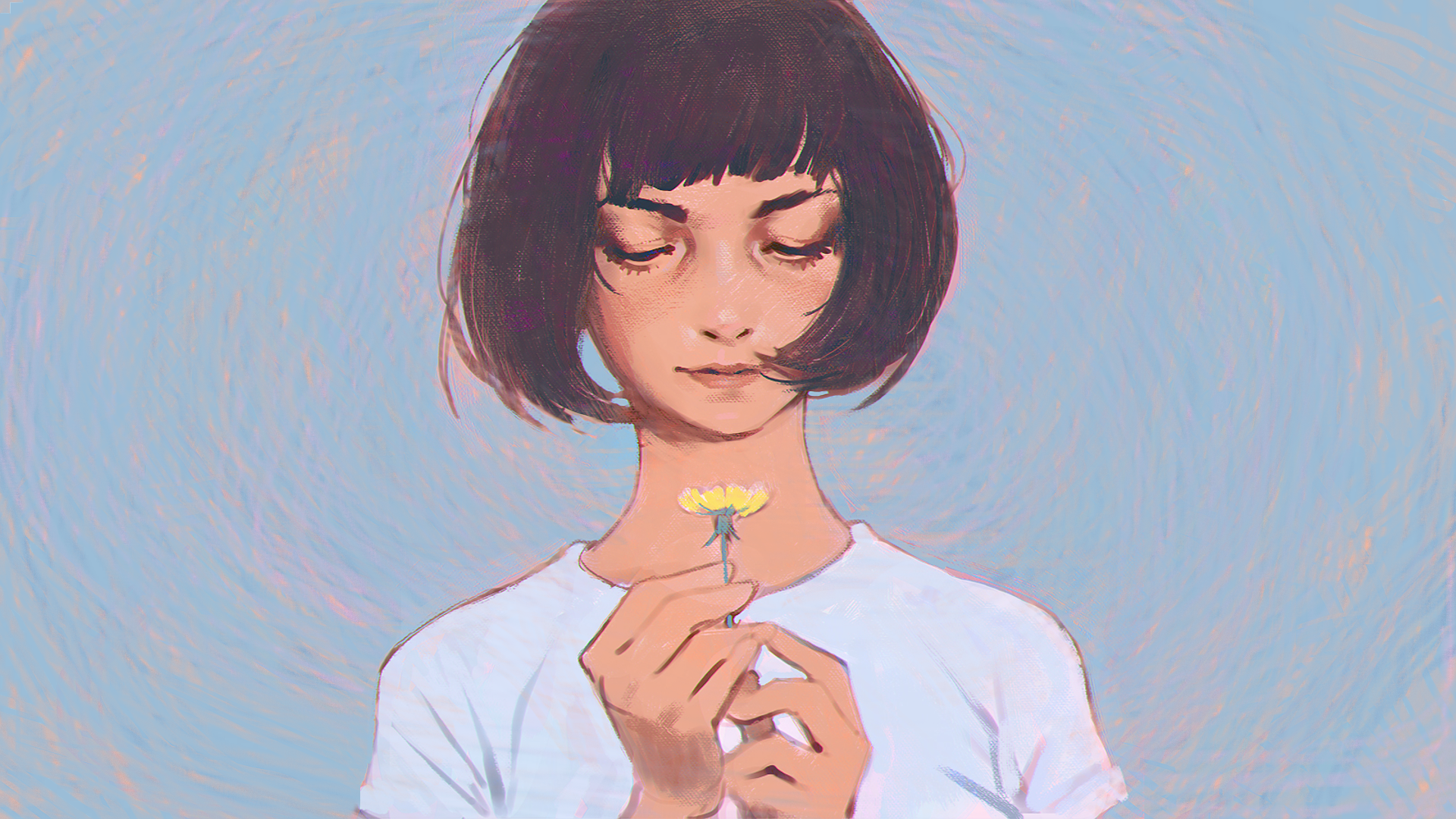 Woman holding a yellow flower, digital art by Ilya Kuvshinov HD Wallpaper