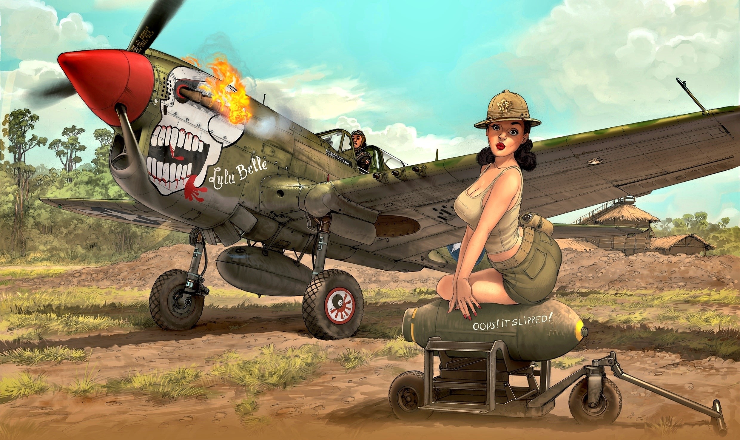 Pin-up girl on bomb with P-40 Warhawk airplane HD Wallpaper