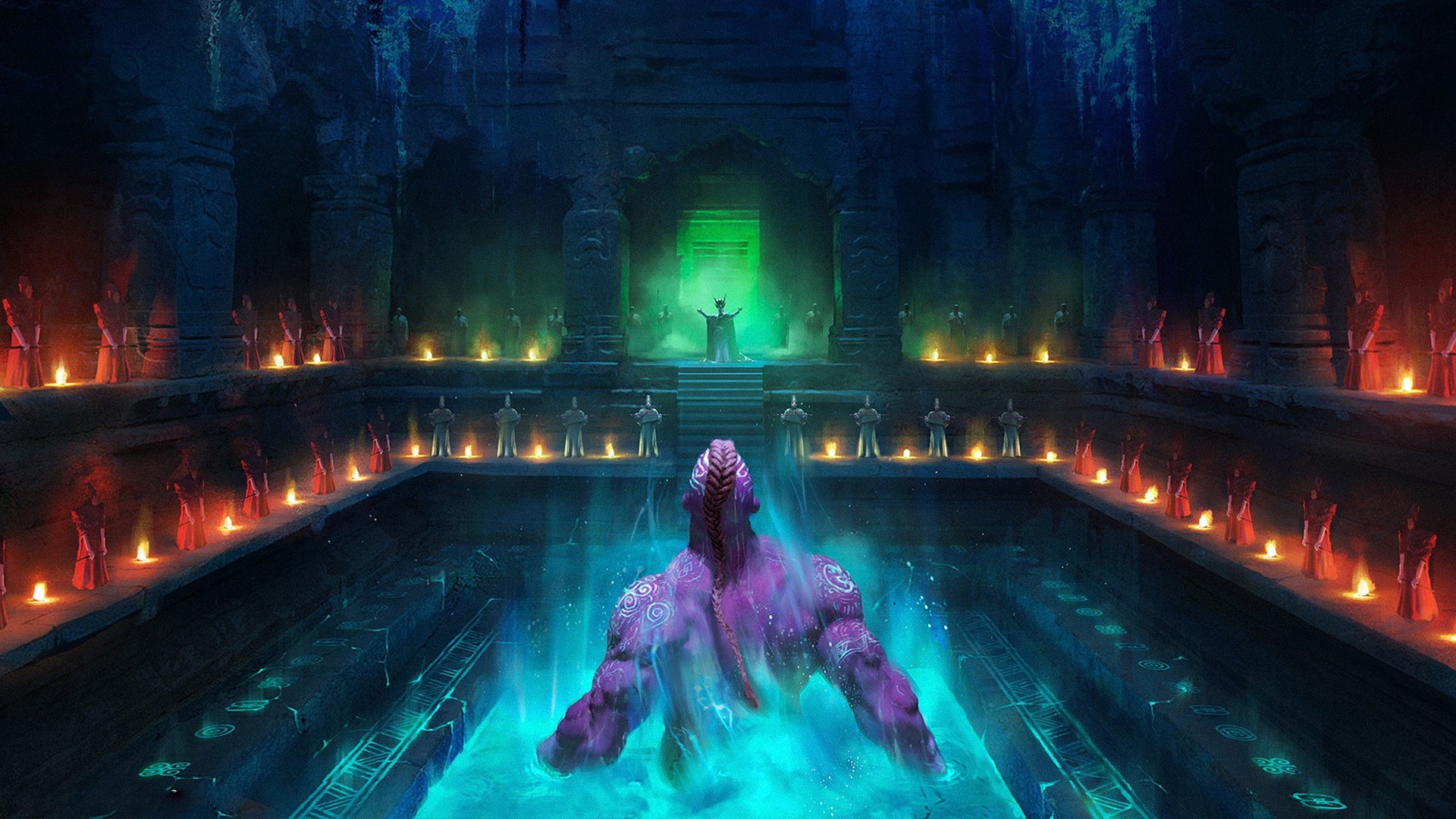 Fantasy creature ritual in a dark temple HD Wallpaper