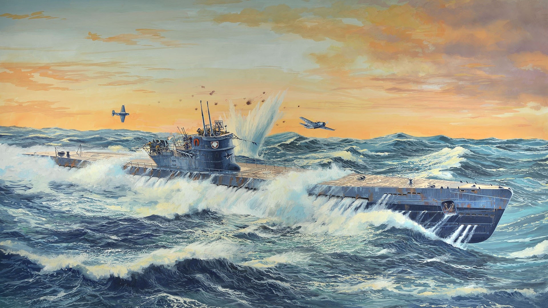 Artwork of a submarine under attack by aircraft HD Wallpaper