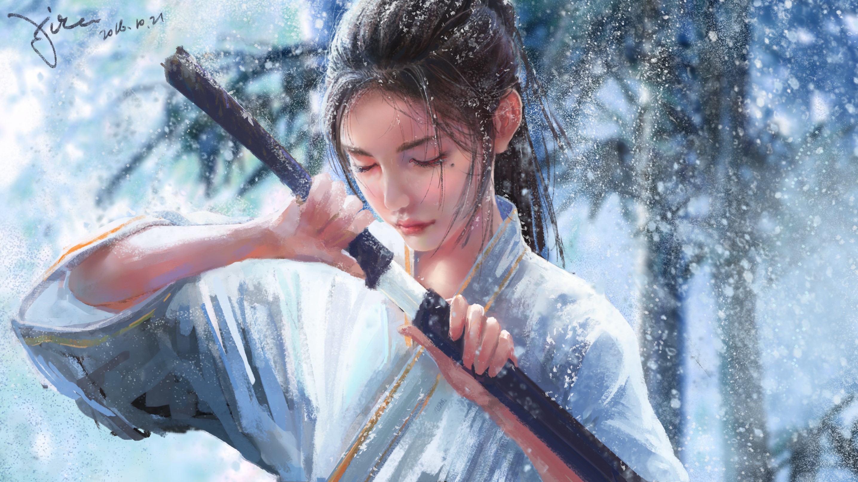 Artwork of a woman with a sword in the snow HD Wallpaper