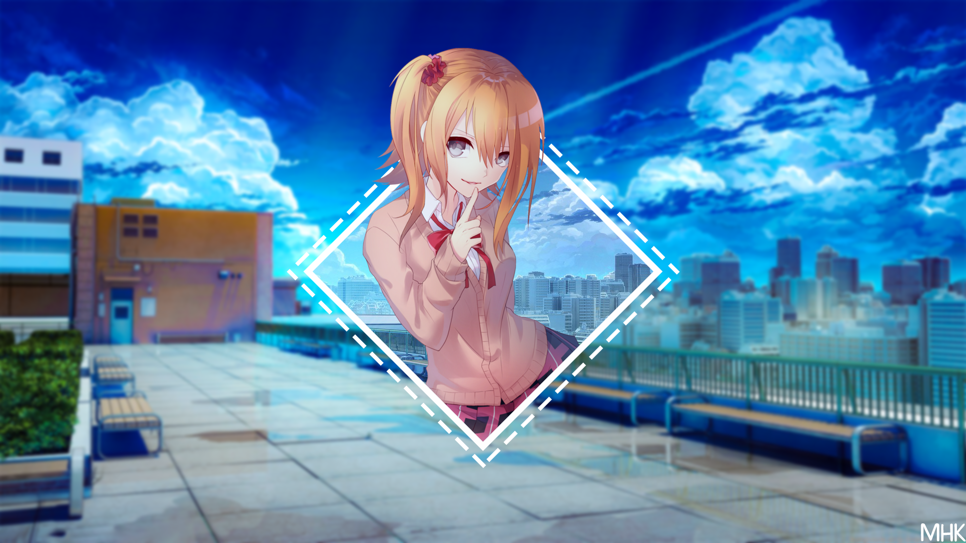 Anime girl on a rooftop with city skyline HD Wallpaper