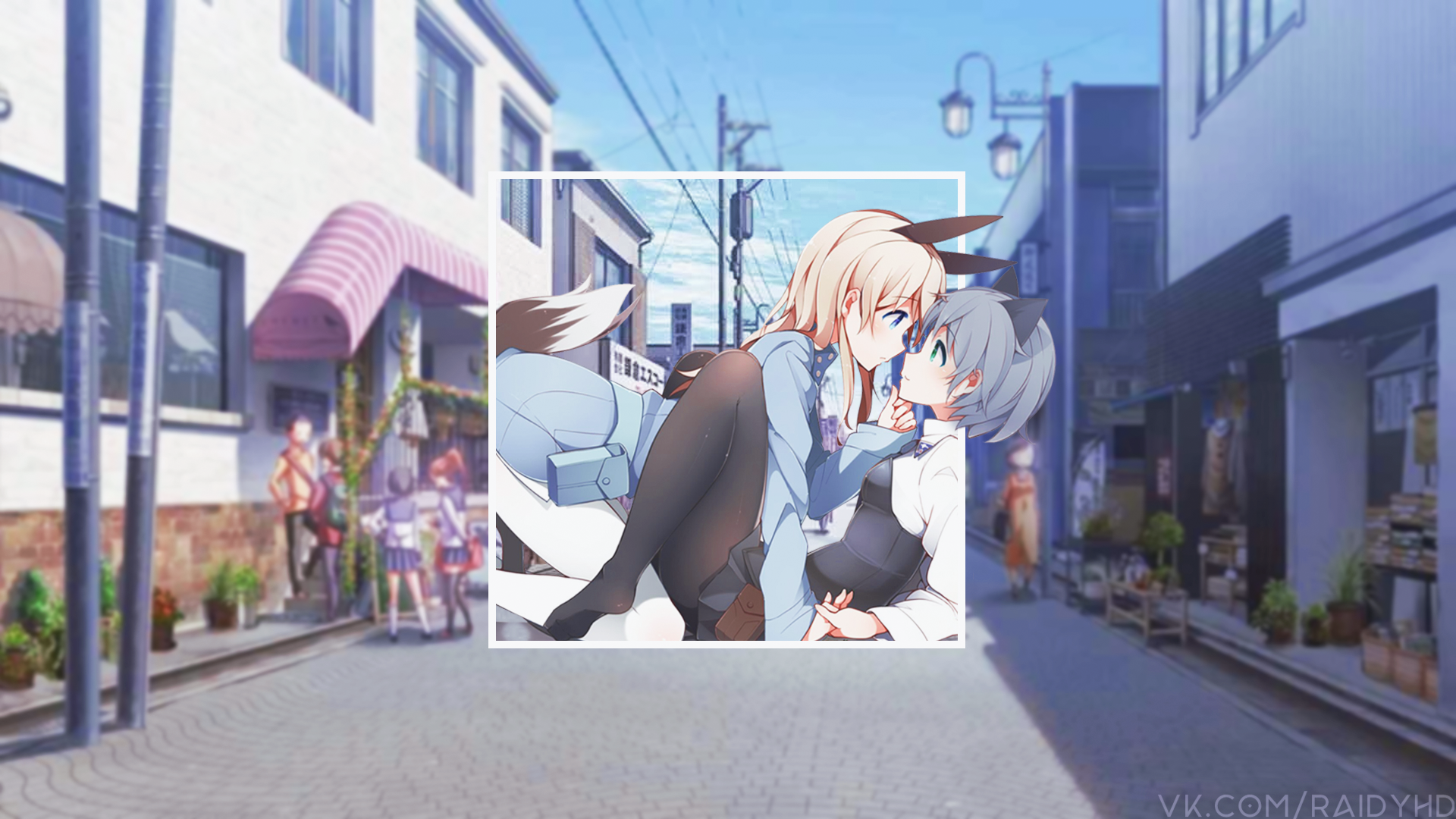 Anime girls in a street scene HD Wallpaper