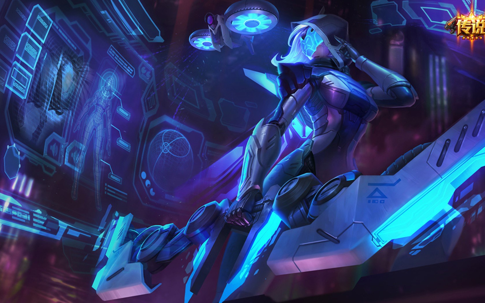 Cyberpunk character on futuristic vehicle with holographic displays HD Wallpaper