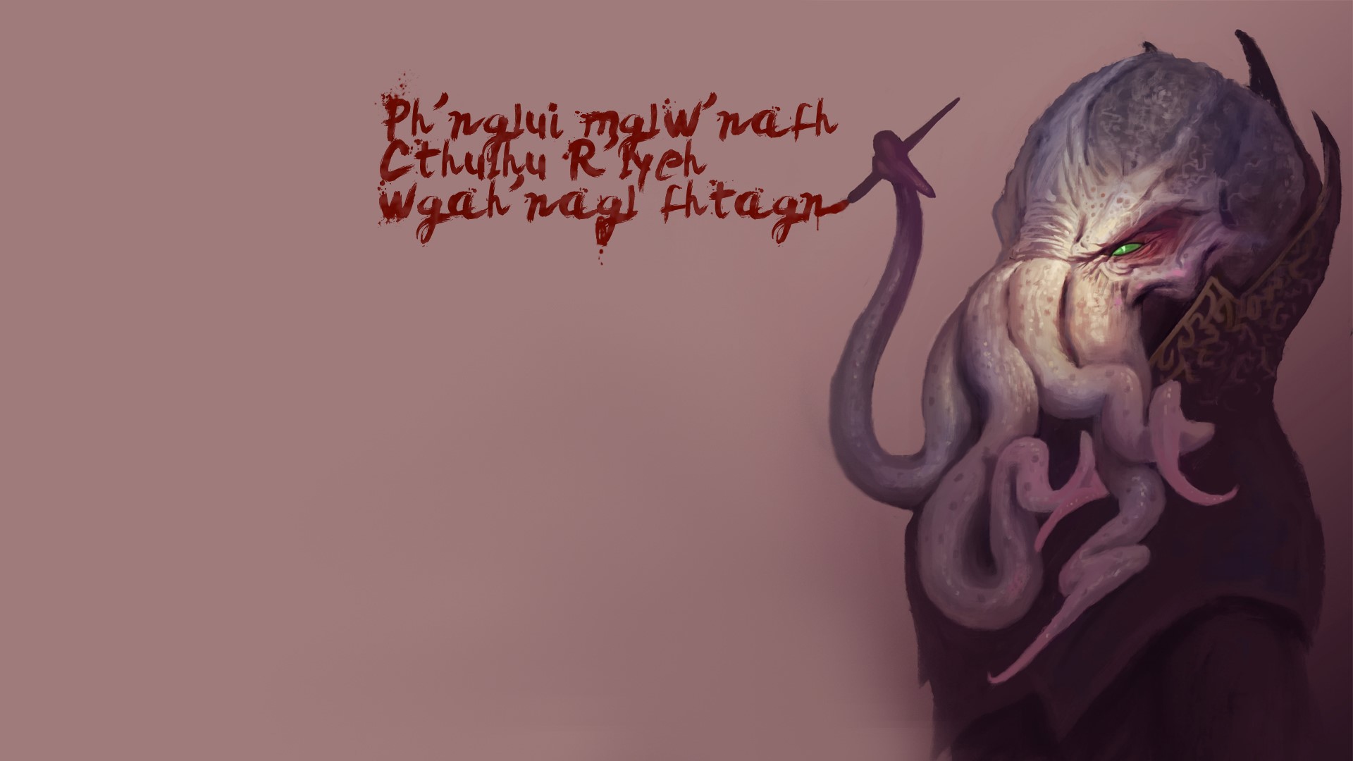 Cthulhu with green eyes writing in blood HD Wallpaper