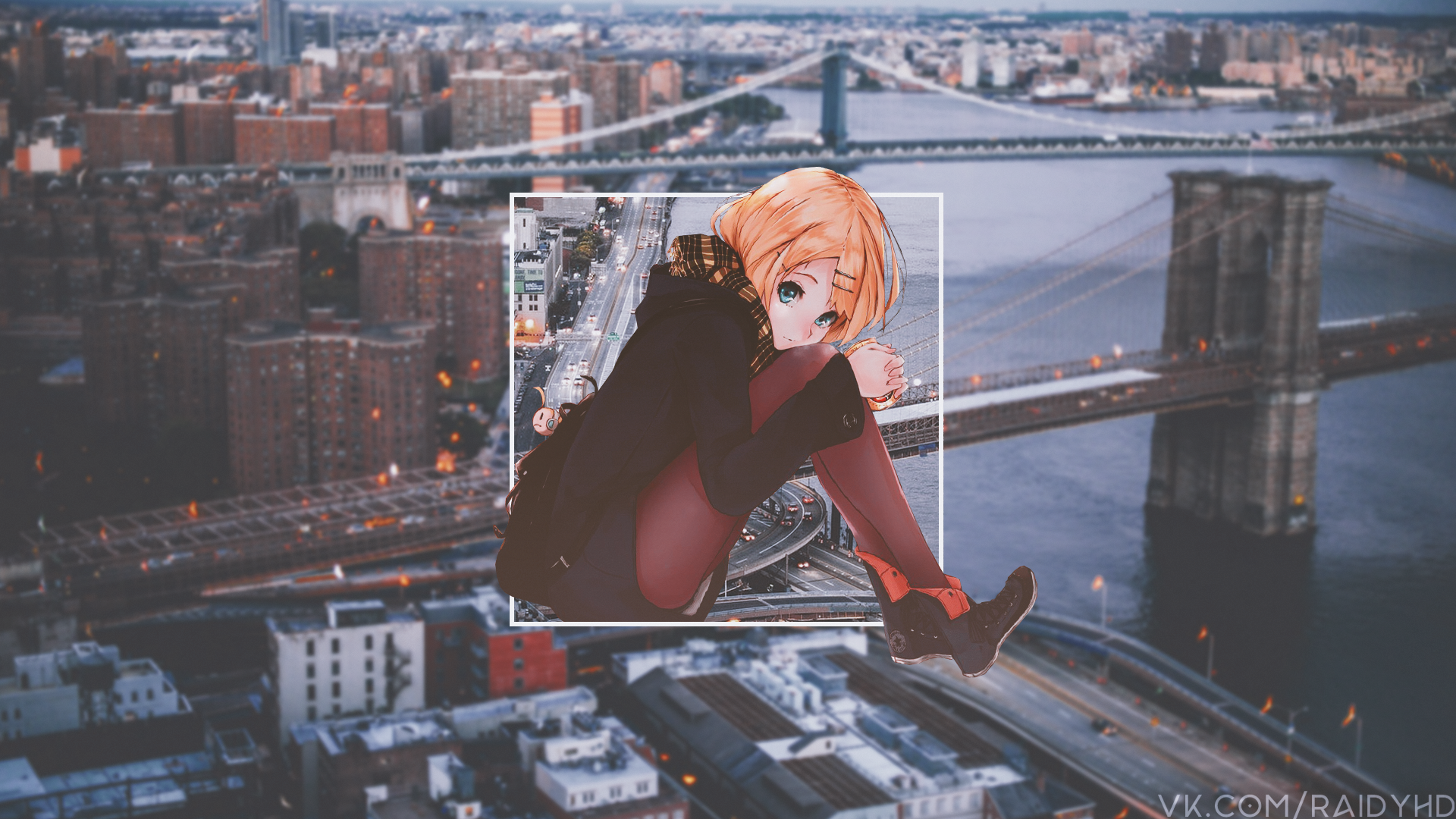 Anime girl sitting on a ledge overlooking New York City HD Wallpaper