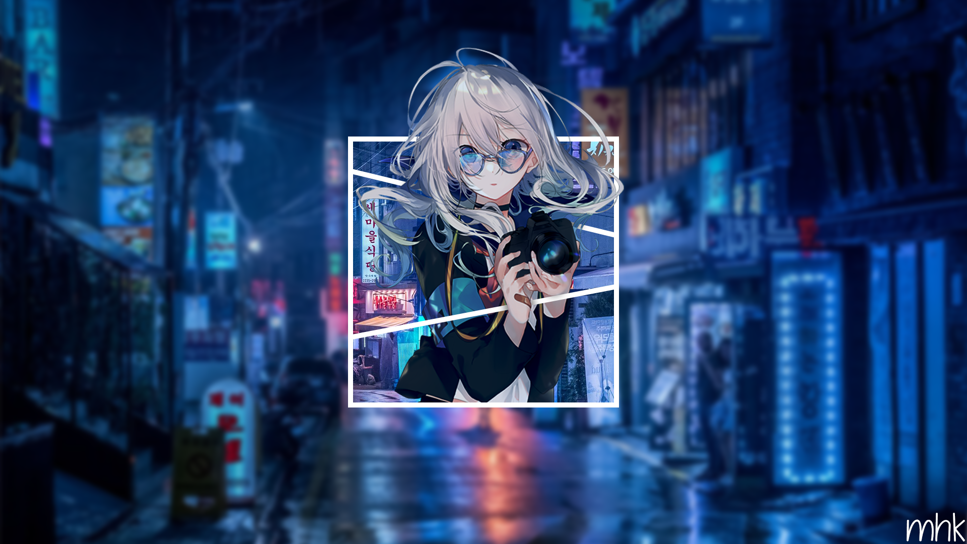 Anime girl with camera in neon city street HD Wallpaper