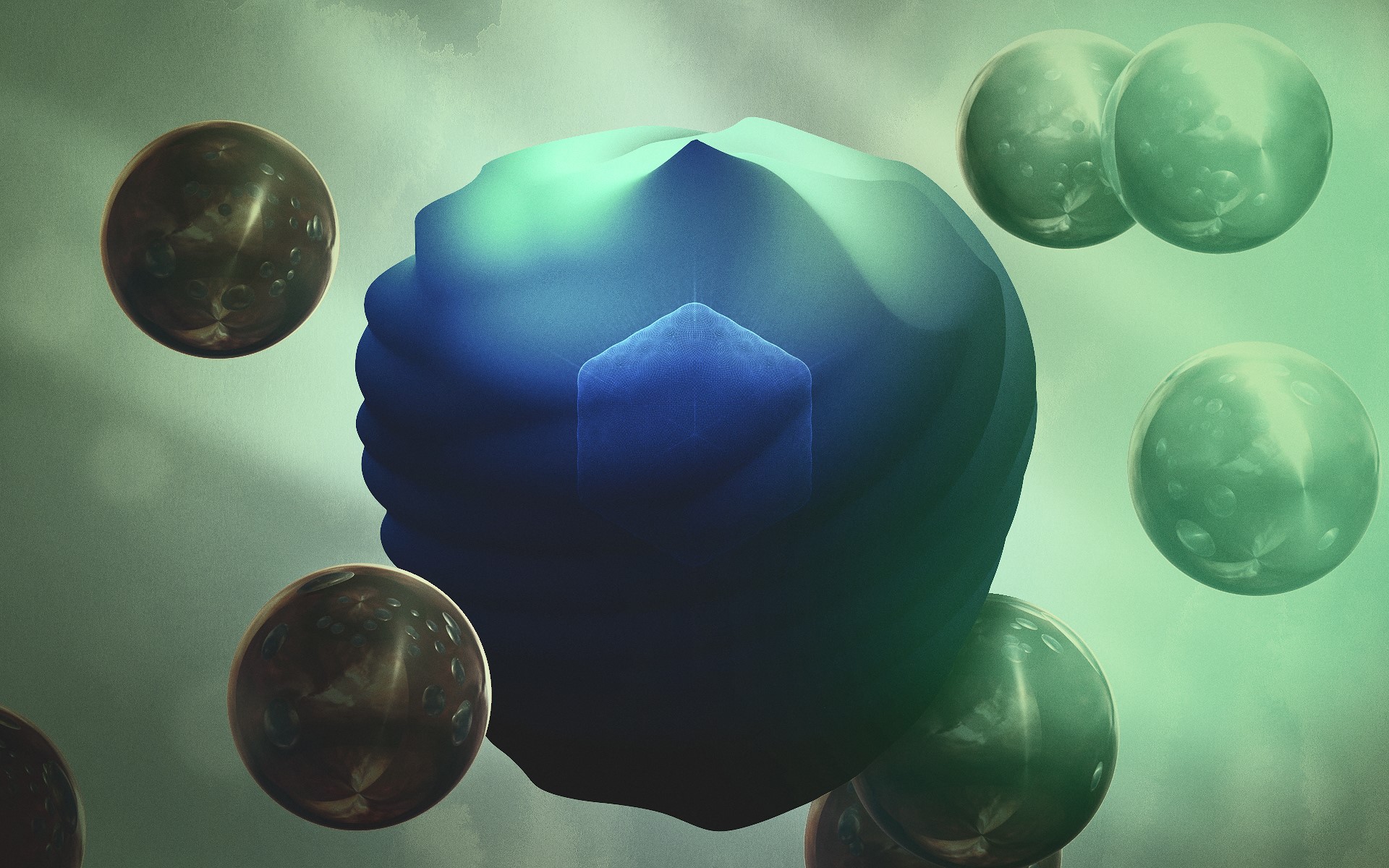 Abstract digital art with floating spheres HD Wallpaper
