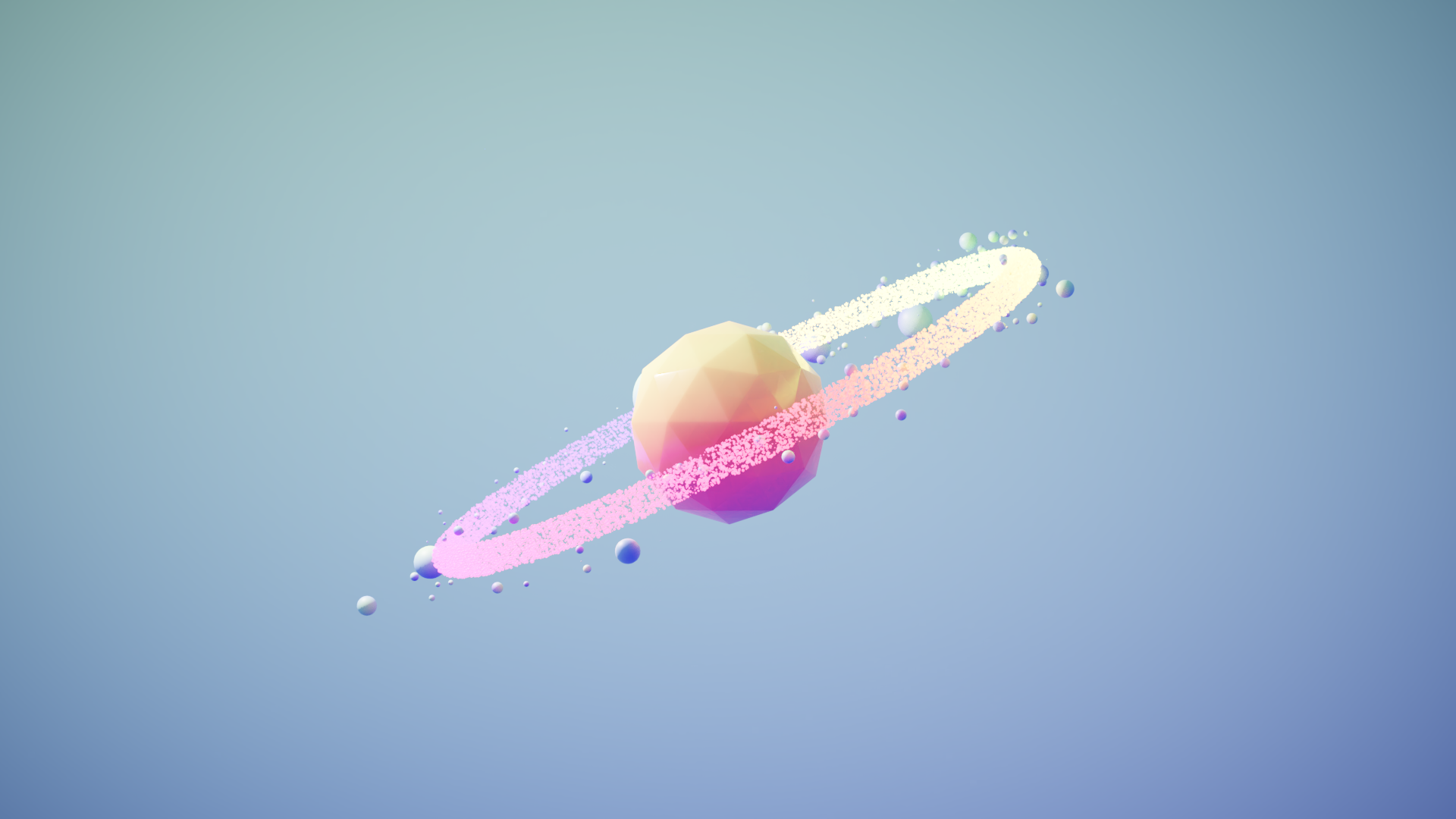 Low poly planet with colorful rings and small spheres HD Wallpaper