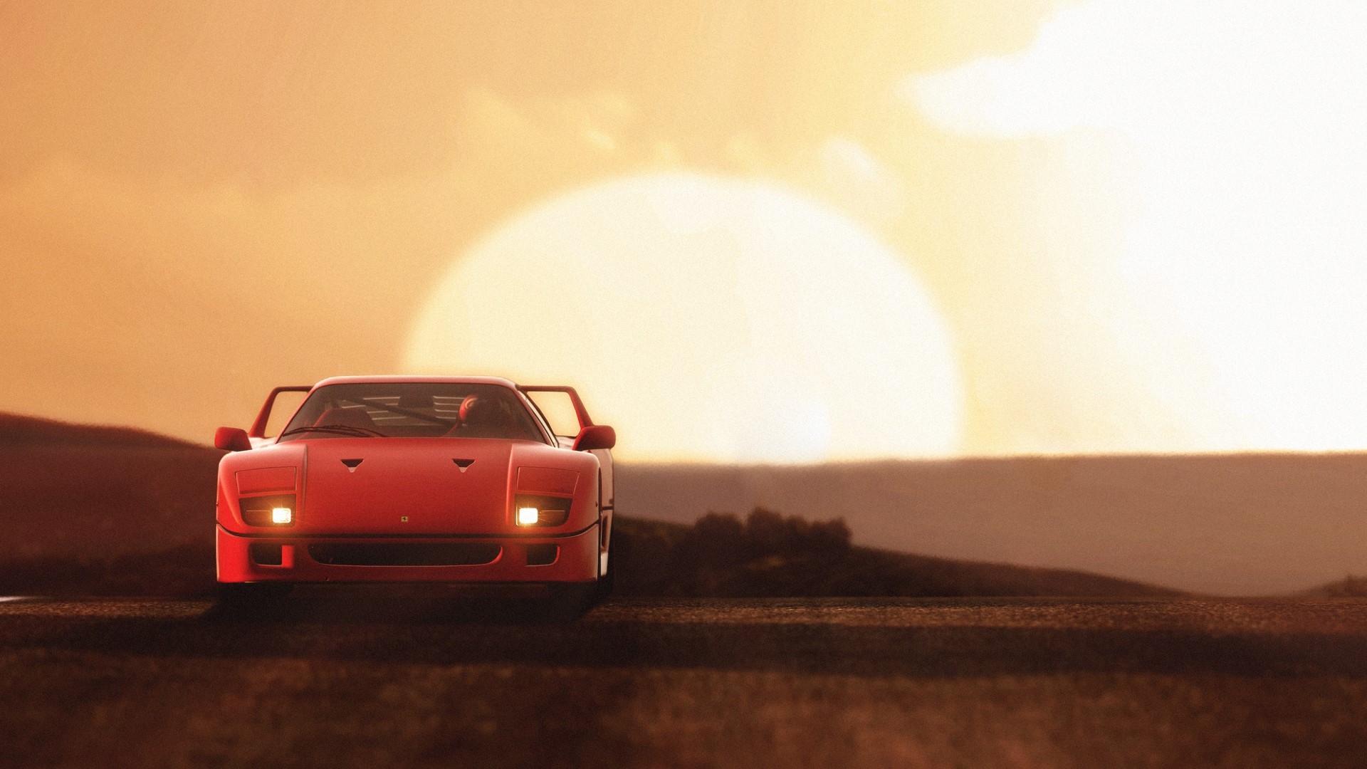 Red 1987 Ferrari F40 driving at sunset HD Wallpaper