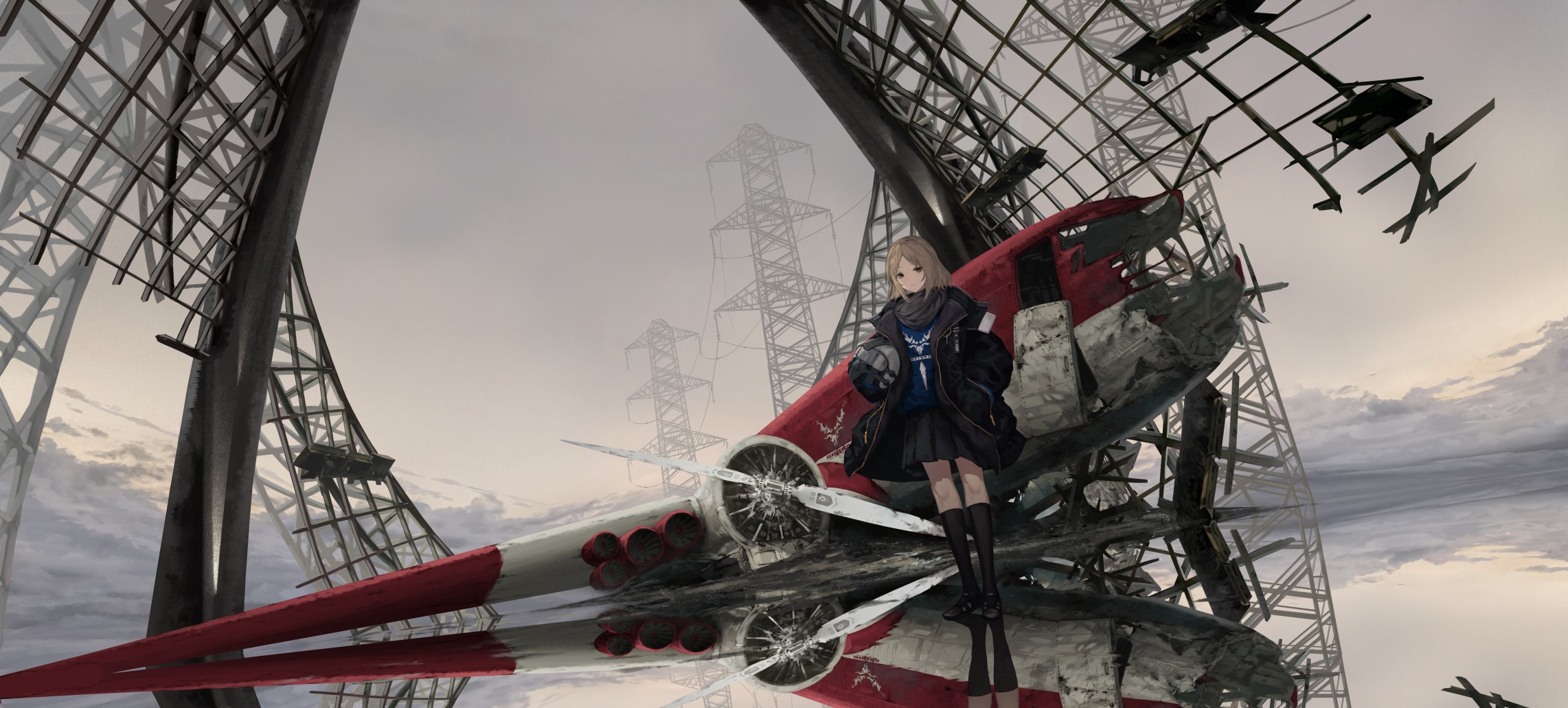 Anime girl standing by a crashed airplane near power lines HD Wallpaper