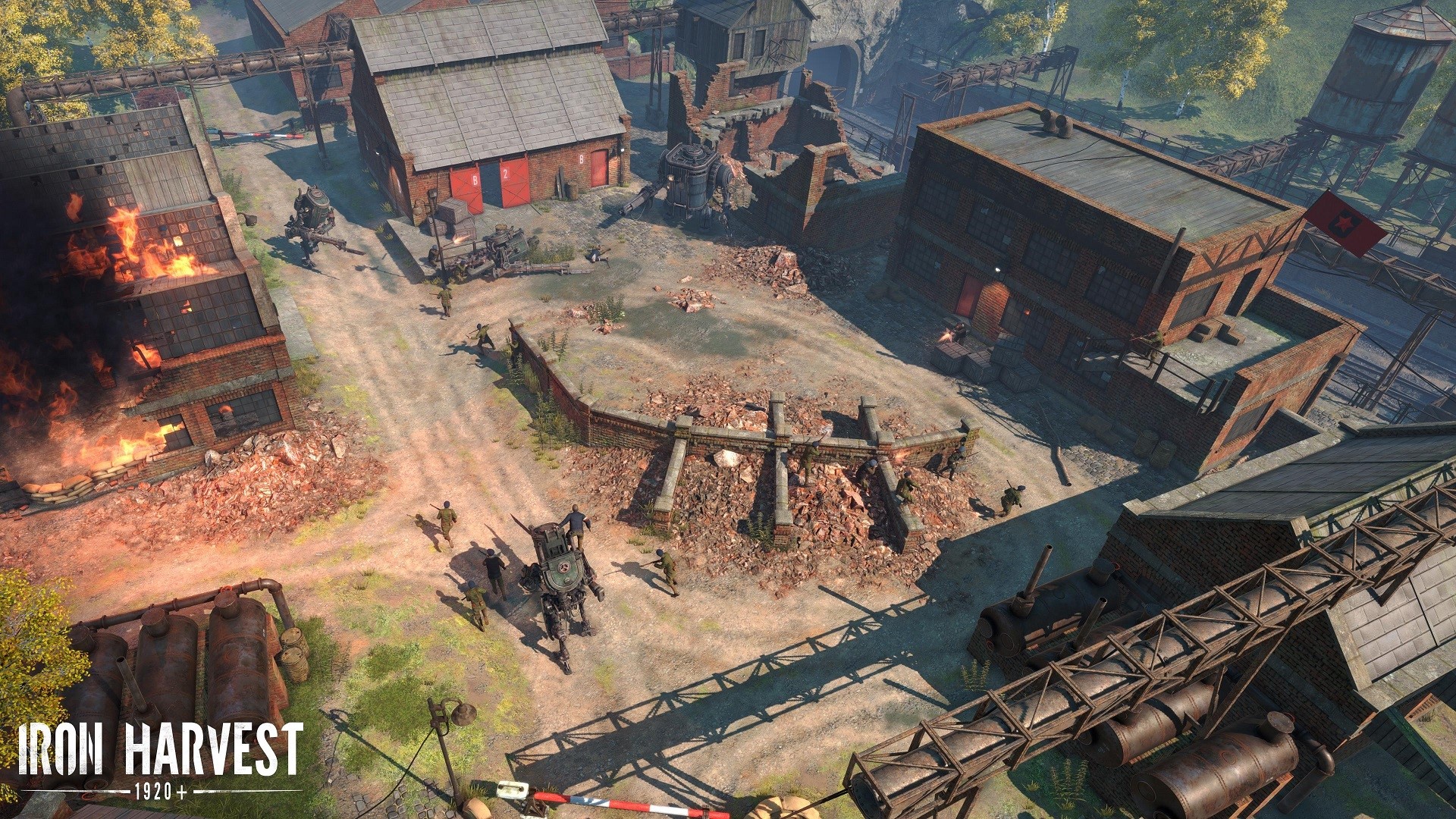 Iron Harvest 1920+ soldiers and mech in battle HD Wallpaper