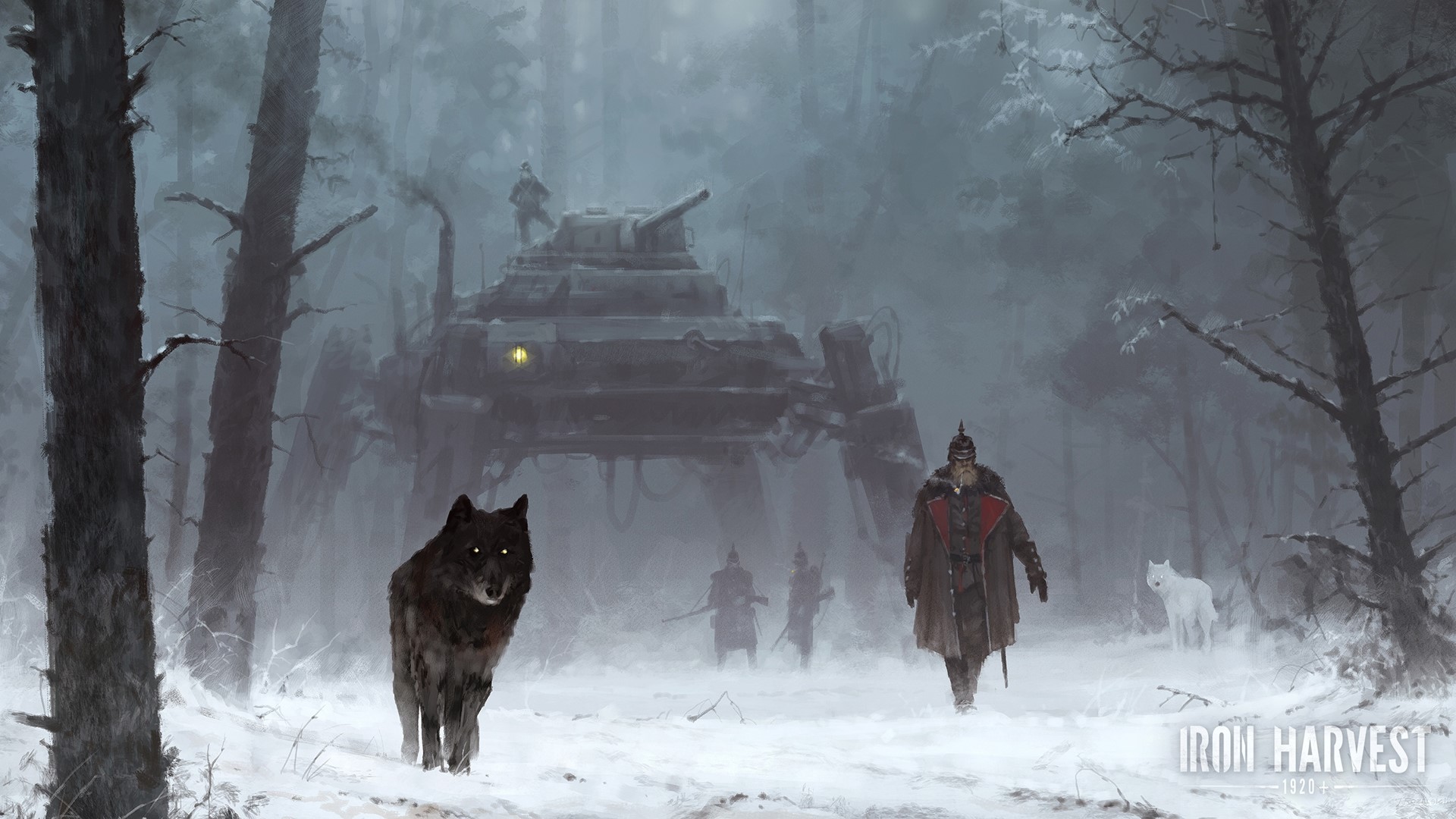 Soldiers and wolves near a mech in a snowy forest HD Wallpaper